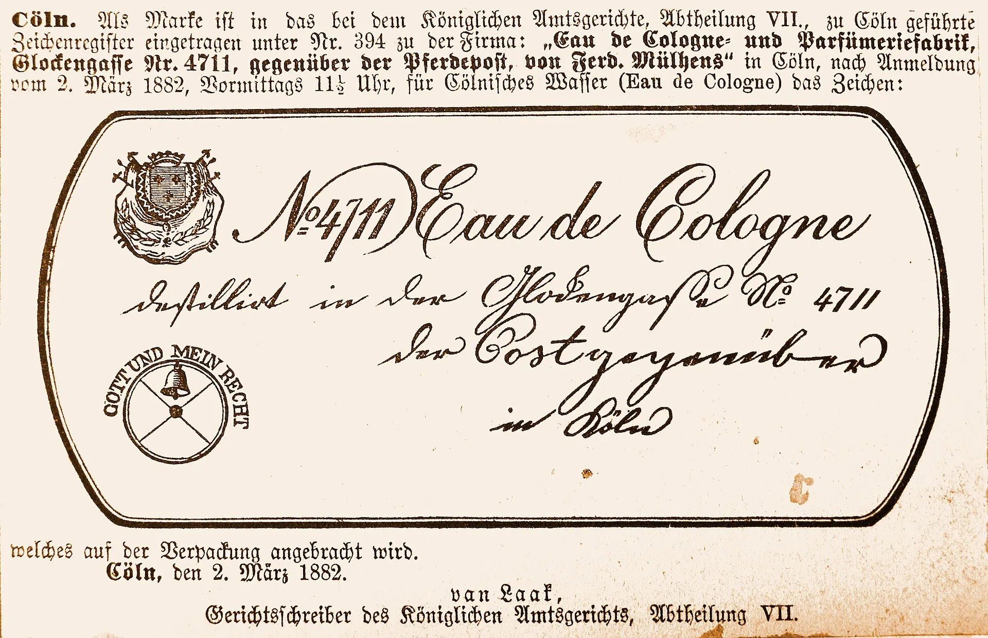 Markenanmeldung 4711 von 1882