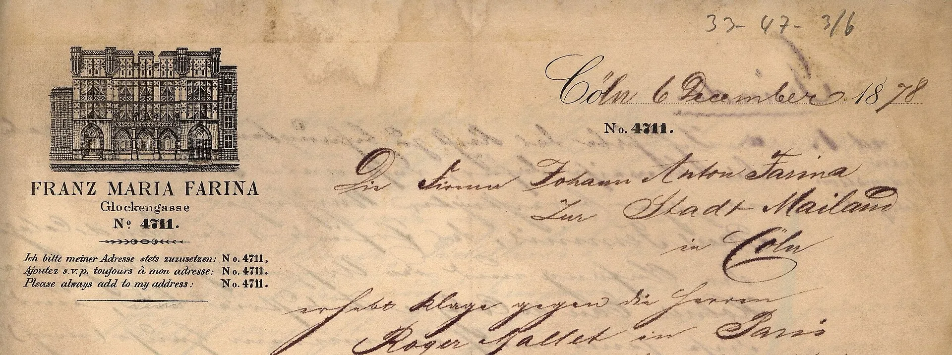 letterhead of company "Franz Maria Farina" in Cologne