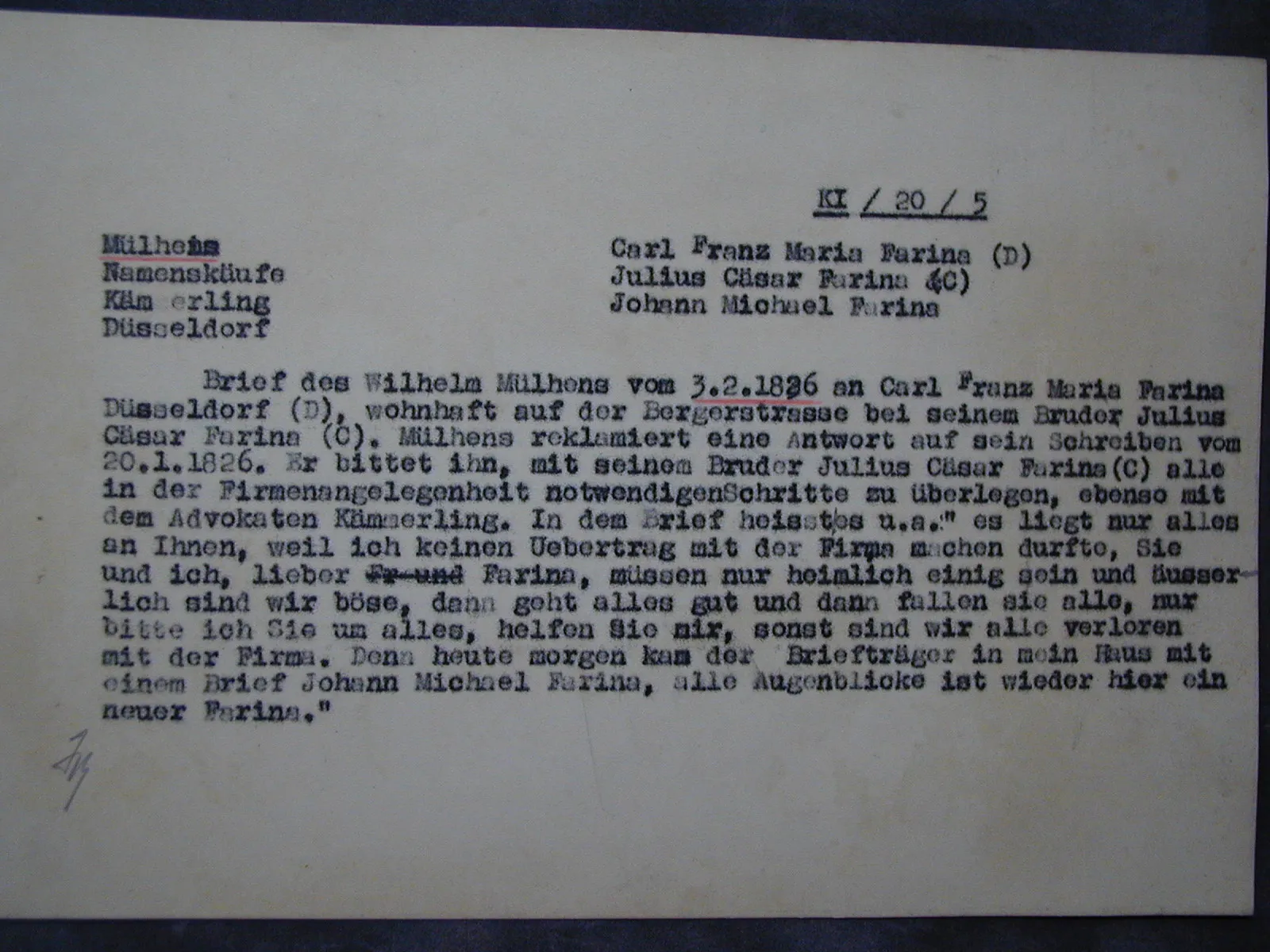 letter of Wilhelm Mülhens contains