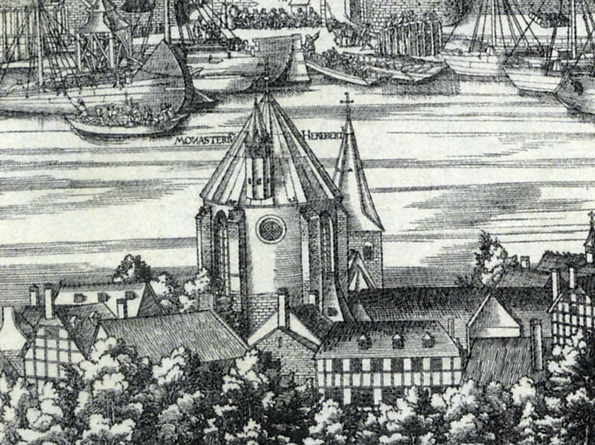 Ausschnitt mit Alt St. Heribert in Köln-Deutz aus dem Holzschnitt „Große Ansicht von Köln“