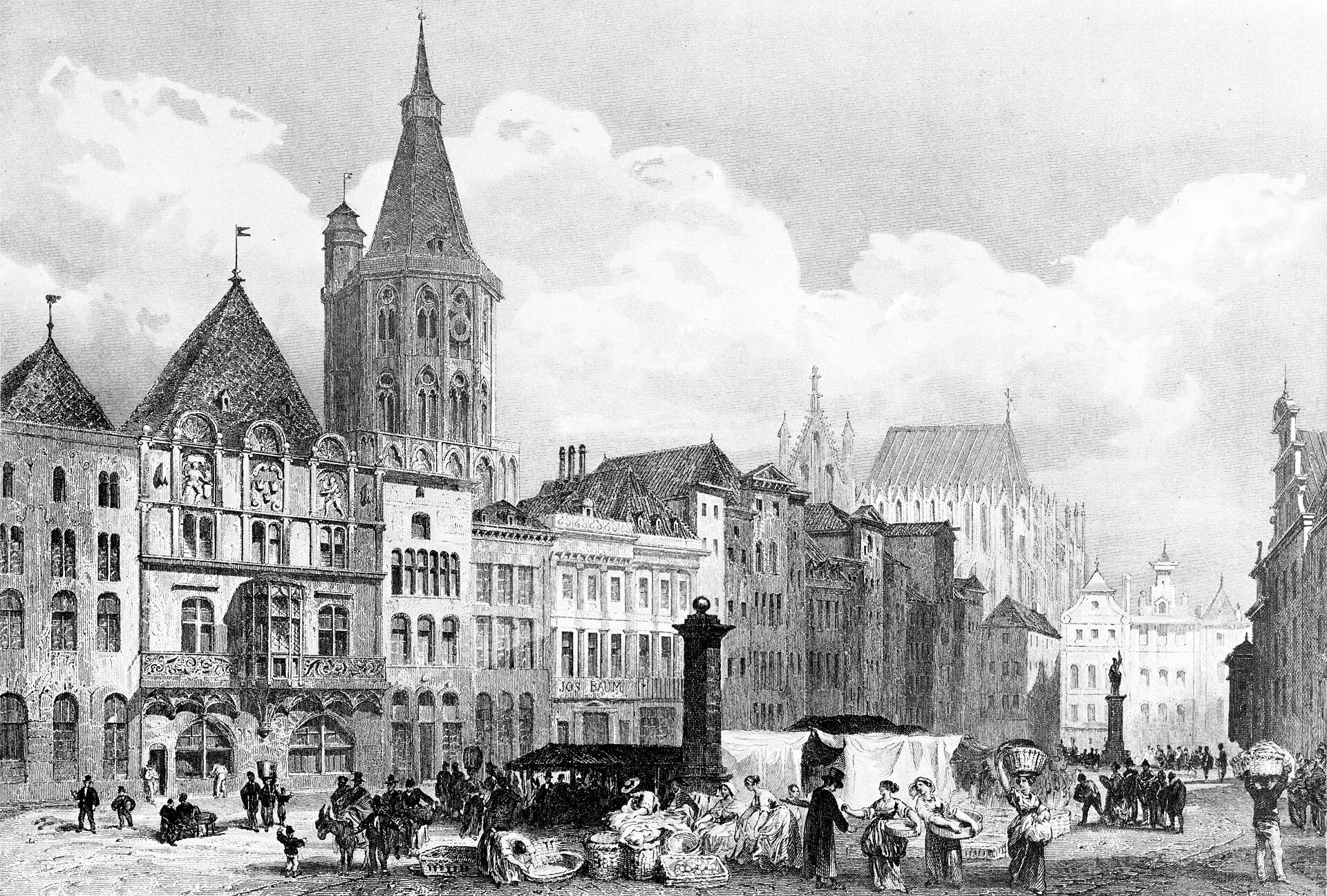 Historischer Stahlstich des Alten Markts mit Marktständen, Figuren und Rathausturm