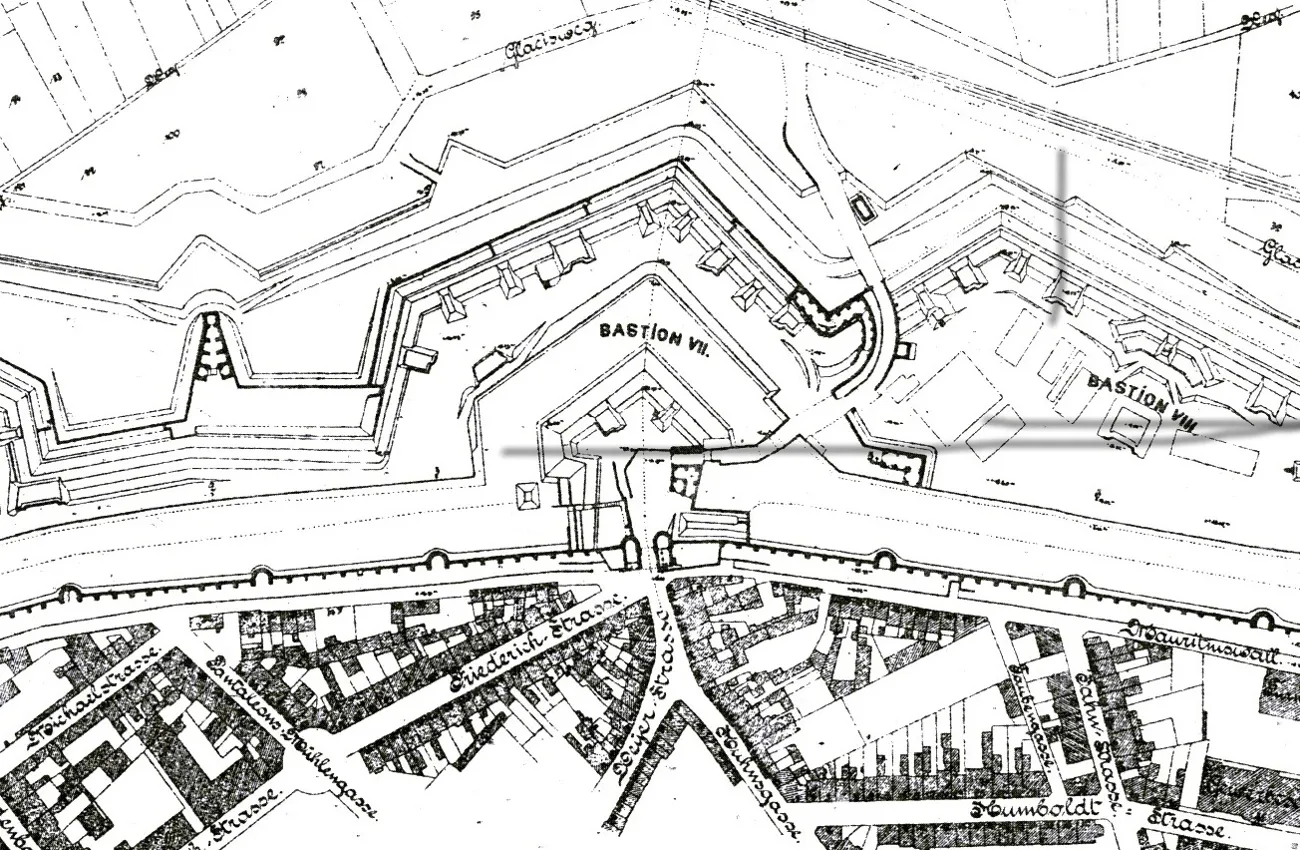 Preußische Wallanlage auf Höhe Barbarossaplatz, 1881
