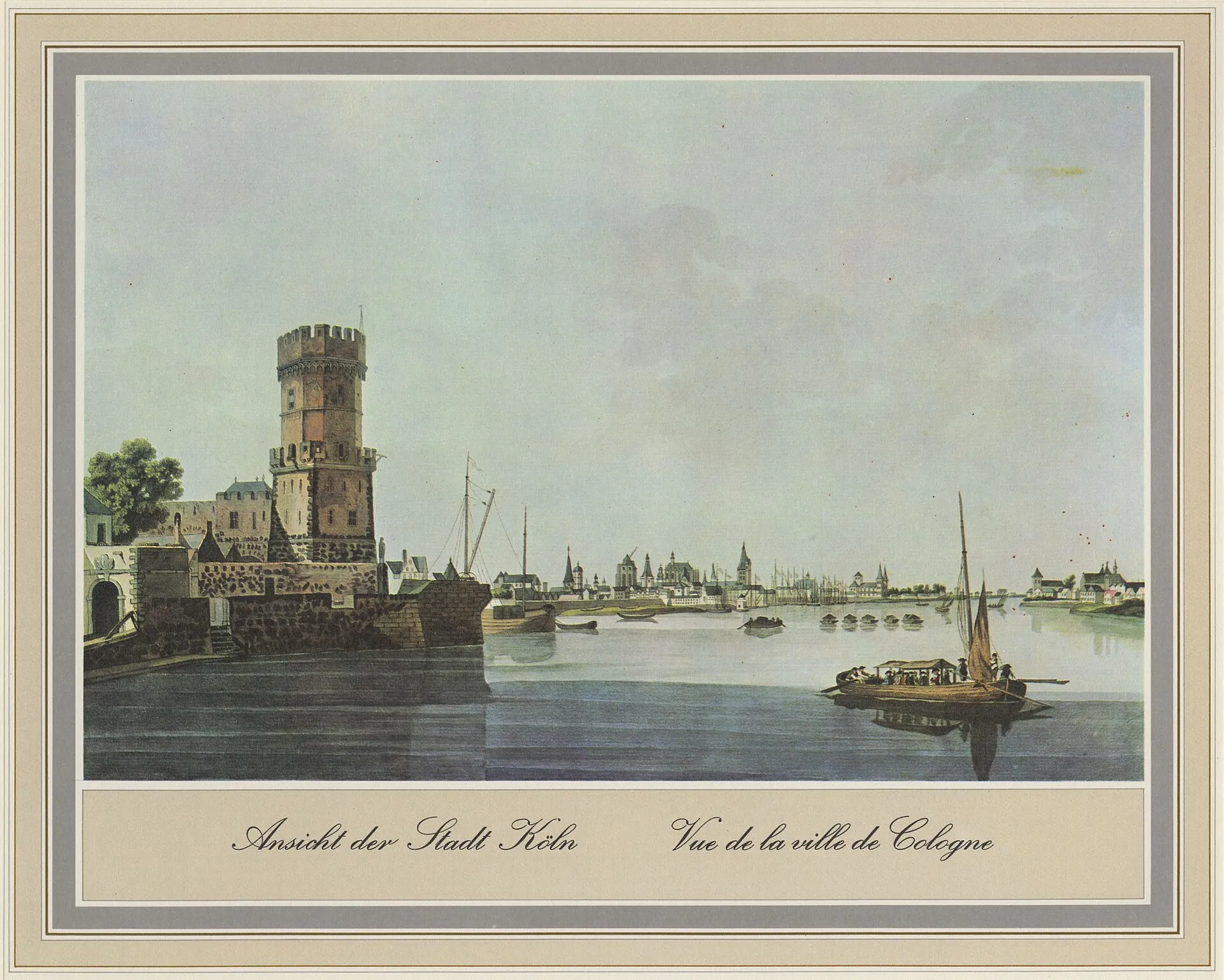 Bayenturm , Kupferstich, aquarelliert, aus: »Fünfzig malerische Ansichten Rhein-Stroms von Speyer bis Düsseldorf«, erschienen bei Artaria in Wien 1798; nach Aqu