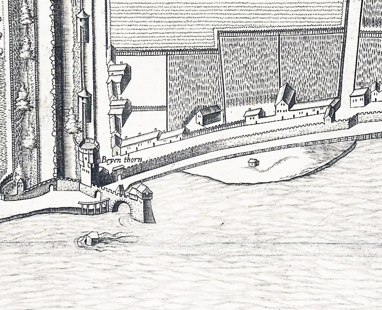 Ausschnitt des Mercator - Stadtplanes, Bereich südöstliche Stadtbefestigung mit Bayenturm und Ark um 1571