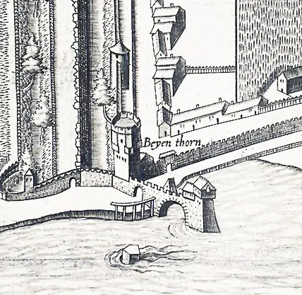 Ausschnitt des Mercator - Stadtplanes, Bereich südöstliche Stadtbefestigung mit Bayenturm und Ark um 1571