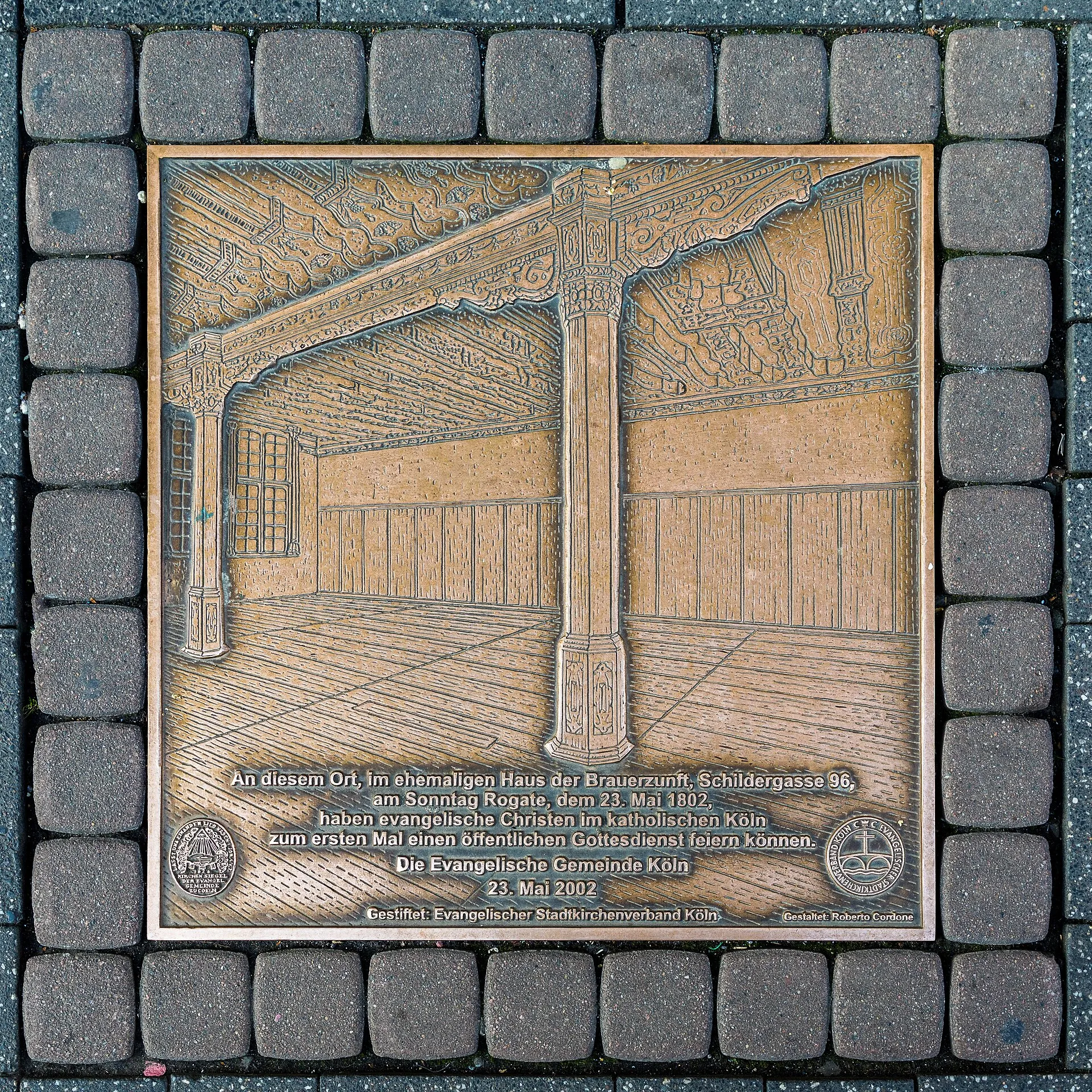 Plakette zur Erinnerung an das ehemalige Haus der Brauerzunft, Schildergasse 96, Köln