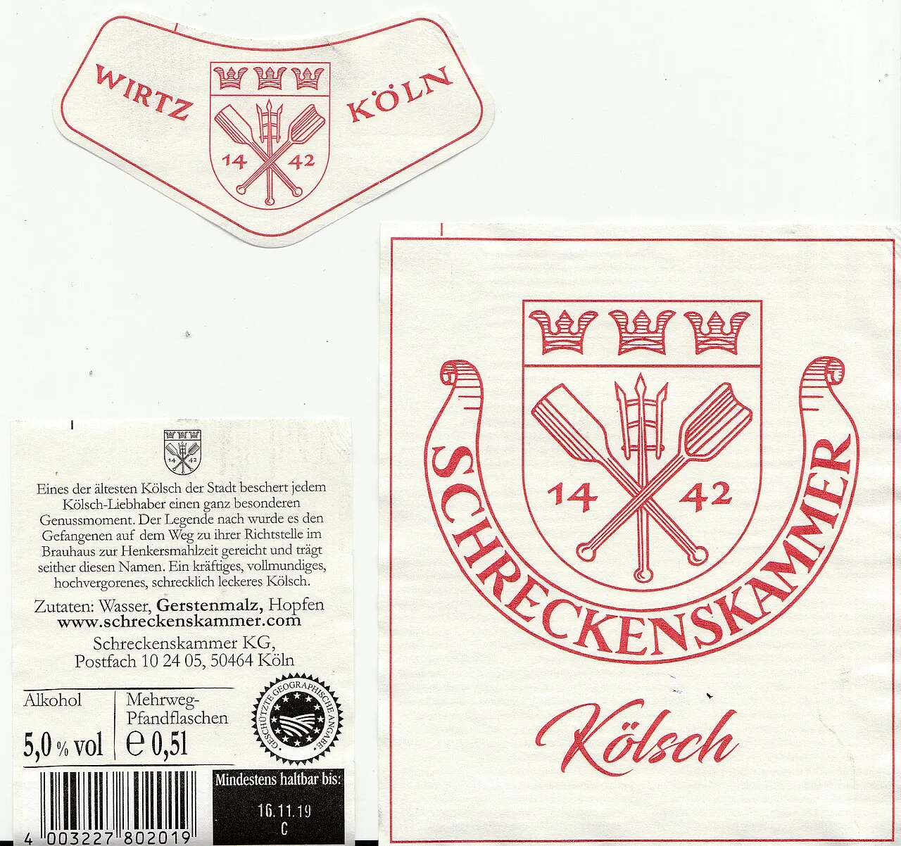 Ein Etikett der Schreckenskammer KG - Schreckenskammer Kölsch, im Uhrzeigersinn: Hals, Vorderseite, Rückseite, von 2019.