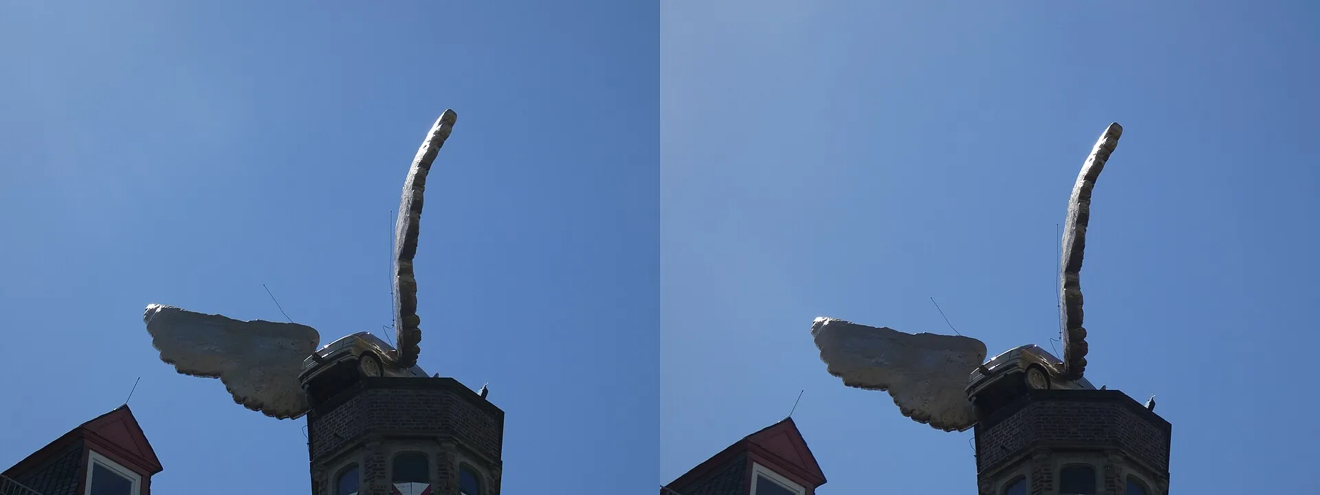 sculpture of a winged car by H. A. Schult in Cologne in 3D