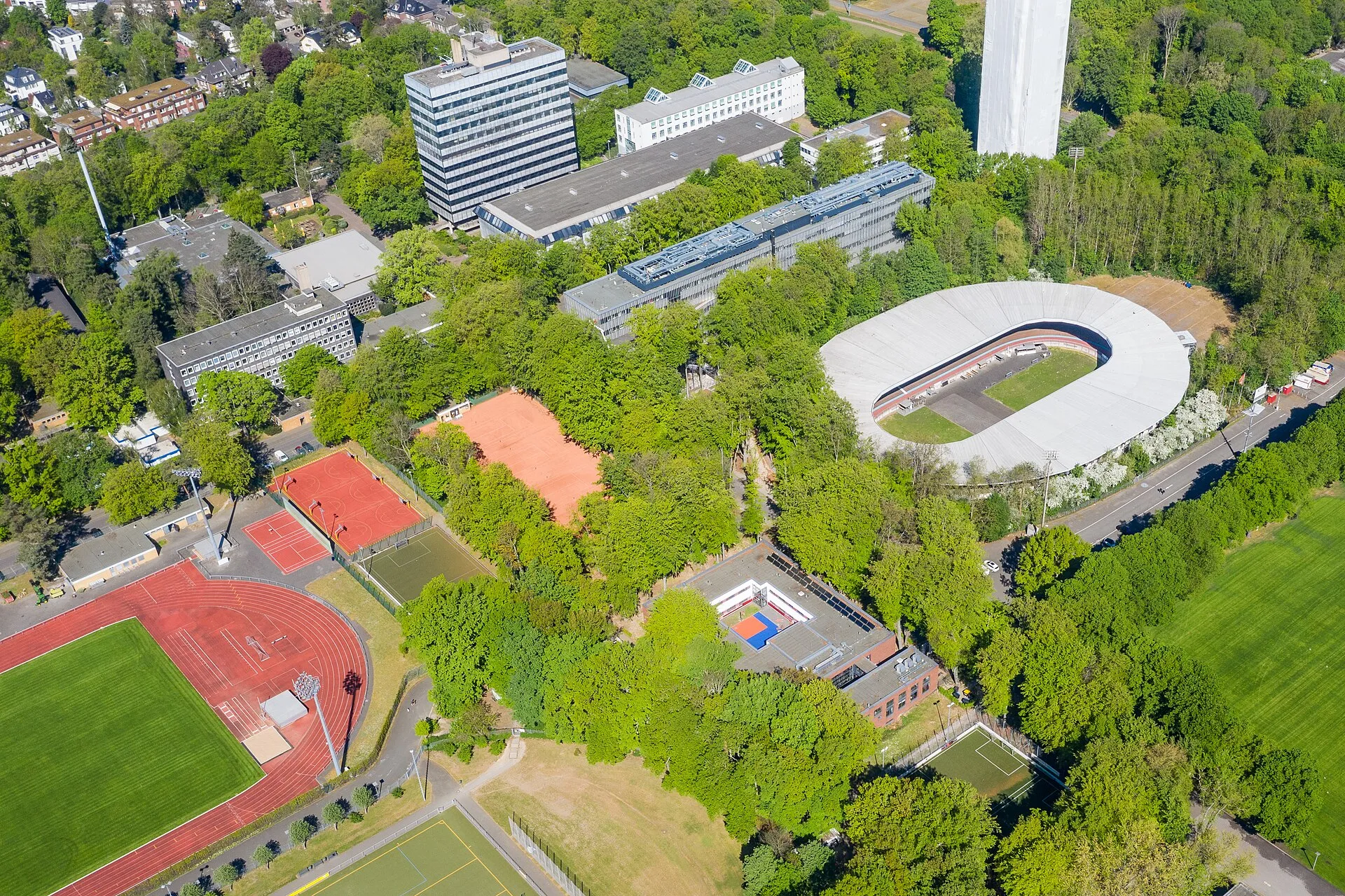 Drohnenaufnahme Deutsche Sporthochschule Köln und Albert-Richter-Bahn im Sportpark Müngersdorf