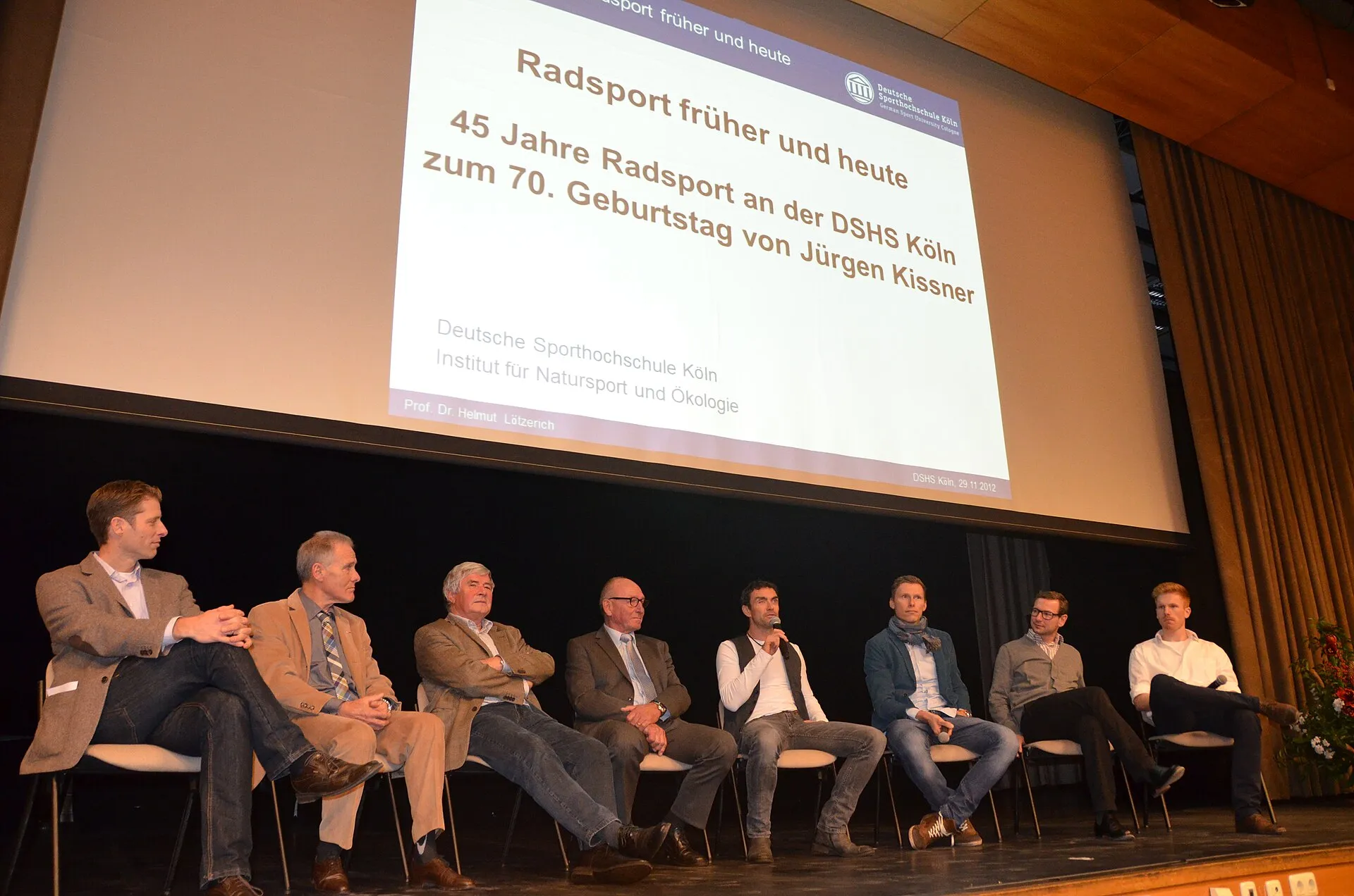 Veranstaltung "Radsport früher und heute" an der Deutschen Sporthochschule Köln am 29. November 2012, v.l.n.r.: Achim Schmidt, Udo Hempel, Karl Link, Jürgen Kiß