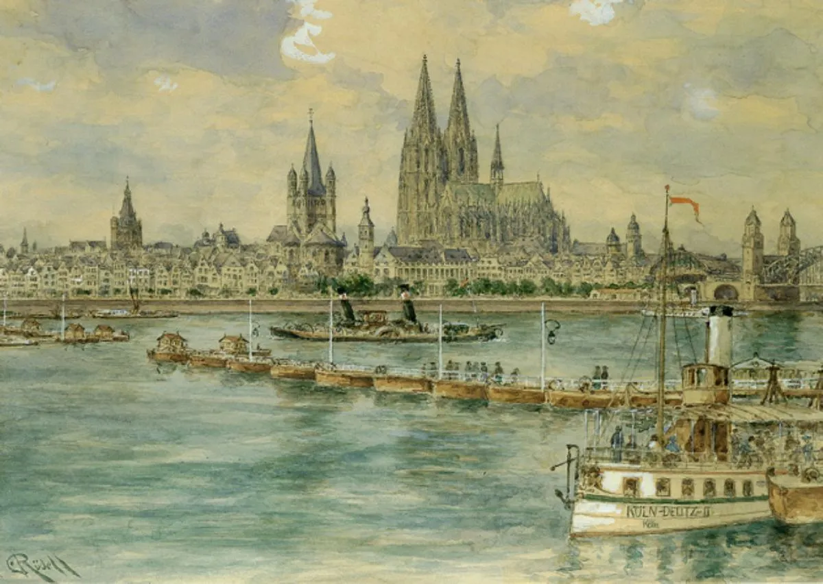 Blick auf Köln vom Deutzer Ufer aus, Aquarell auf Papier,, H 49,5 x B 69,5 cm
