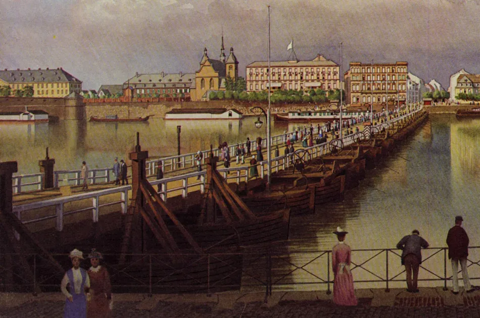 Historische Darstellung der Deutzer Schiffbrücke mit Fußgängern und Rheinufer-Bebauung