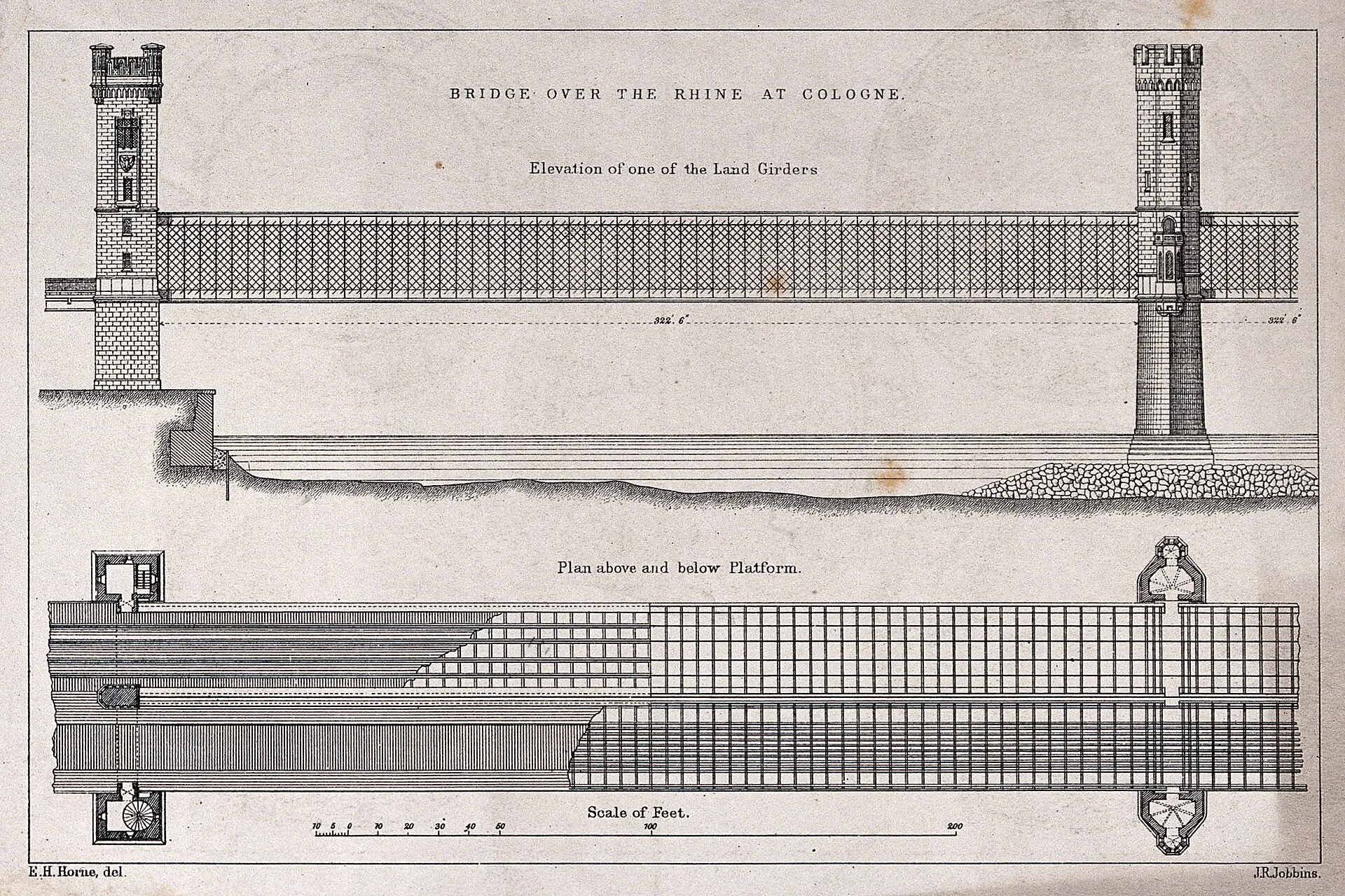 Civil engineering: a railway bridge at Cologne. Lithograph by J. R. Jobbins after E. H. Horne. Iconographic Collections