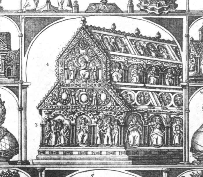 sog. „Schonemann-Blatt“, ein Pilgerblatt mit den Schätzen der Domschatzkammer von 1671 (Ausschnitt: Dreikönigenschrein)