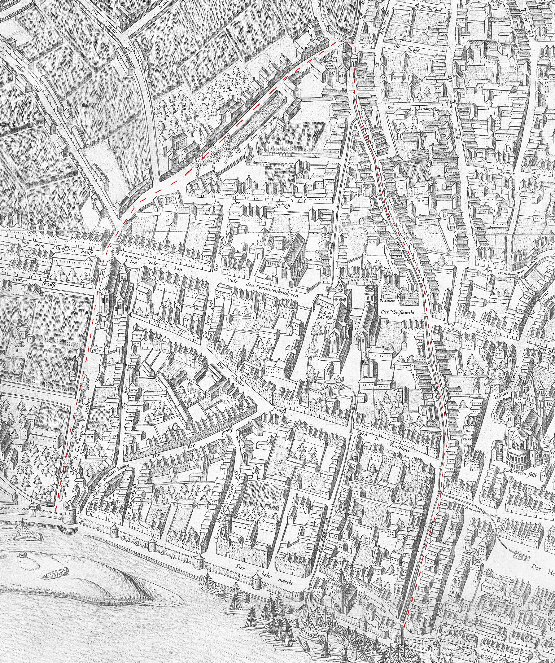 Ausschnitt des Mercator – Stadtplanes Köln. Bereich „Oversburg/Airsbach" mit Markierung der Bezirksgrenze