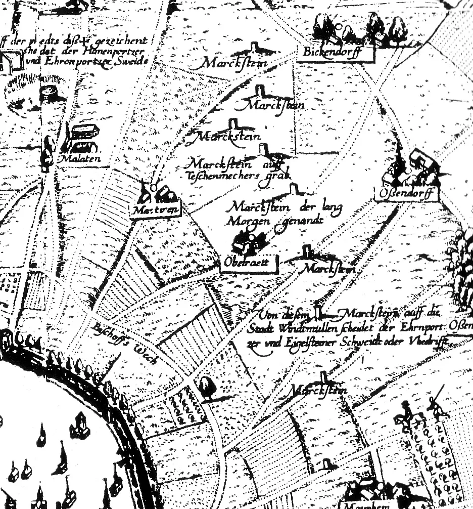 Karte aus dem Jahr 1606 mit dem Gebiet westlich von Köln. Die Weiler Martiren (Mechtern) und Obbelrath (Subbelrath) sind in der Ehrenportzer Schweidt erkennbar