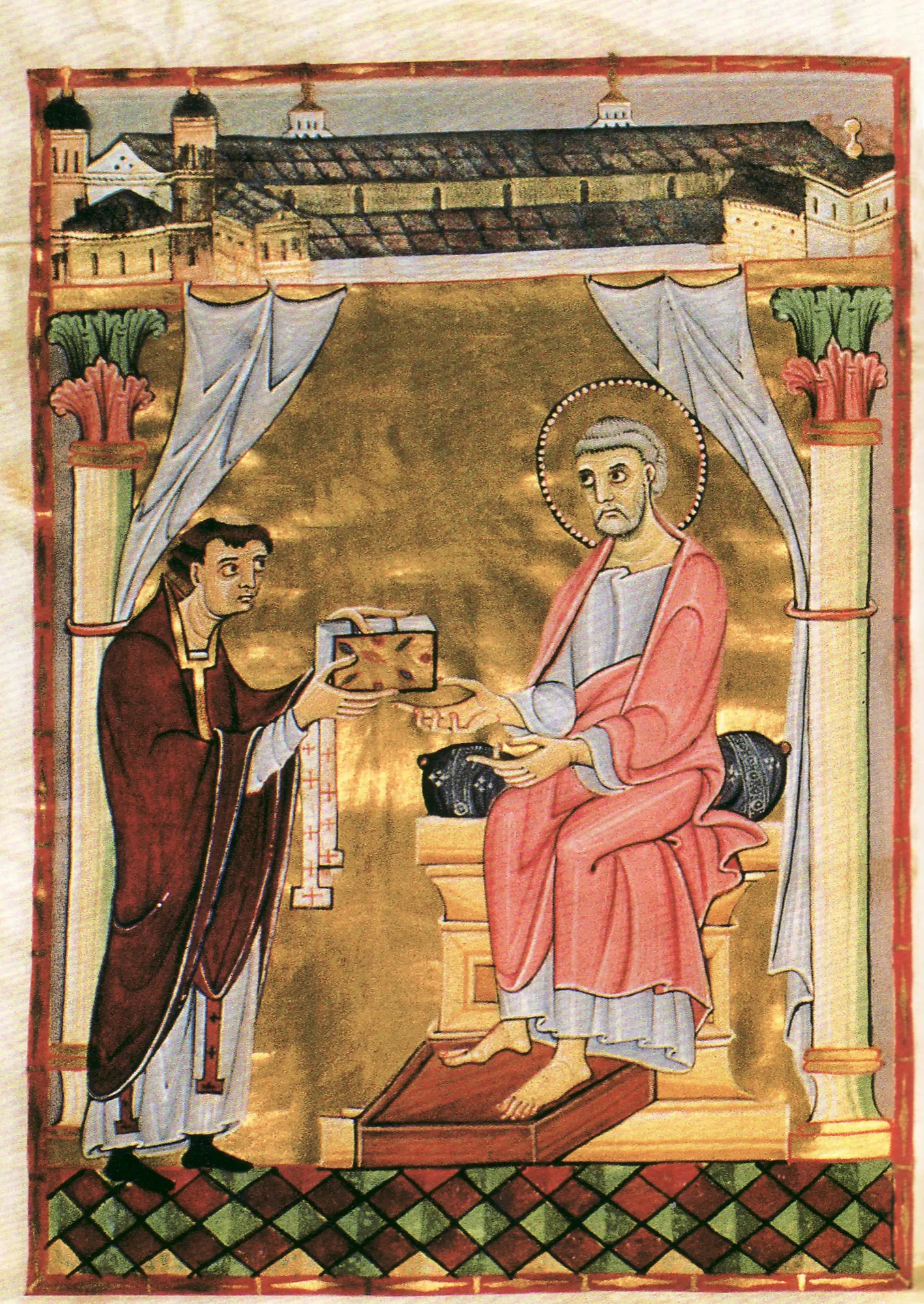 Stifterbild des Hillinus-Codex (fol. 16v, Hs. 12, Dombibliothek Köln): Der Stifter reicht Petrus den Codex