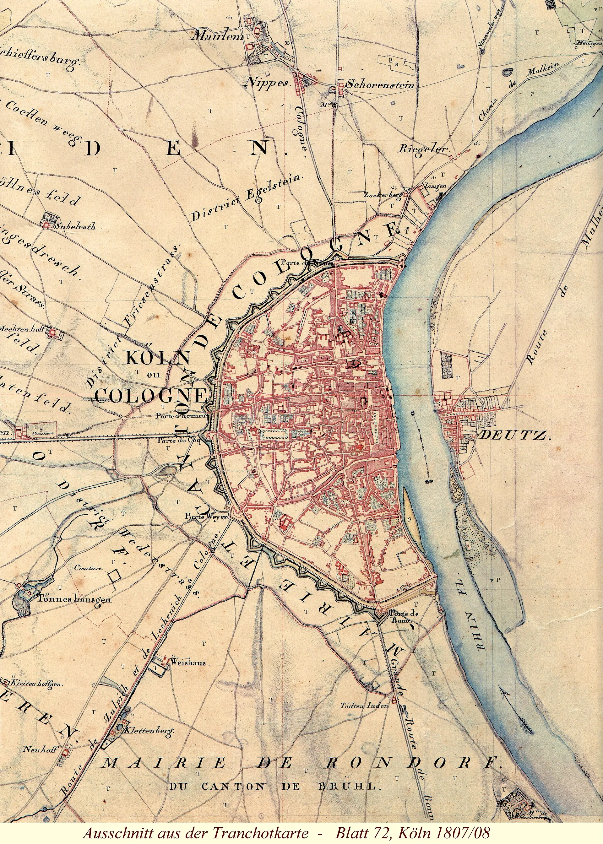 Kartenaufnahme der Rheinlande durch Oberst Tranchot und Generalmajor Freiherr von Müffling 1803-1820 Blatt 72, Köln (Cologne); hier Detailausschnitt