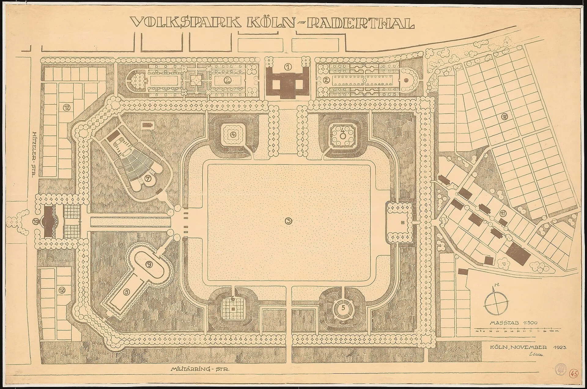 Fritz Enckes Planzeichnung des Volksparks Köln-Raderthal vom November 1923.