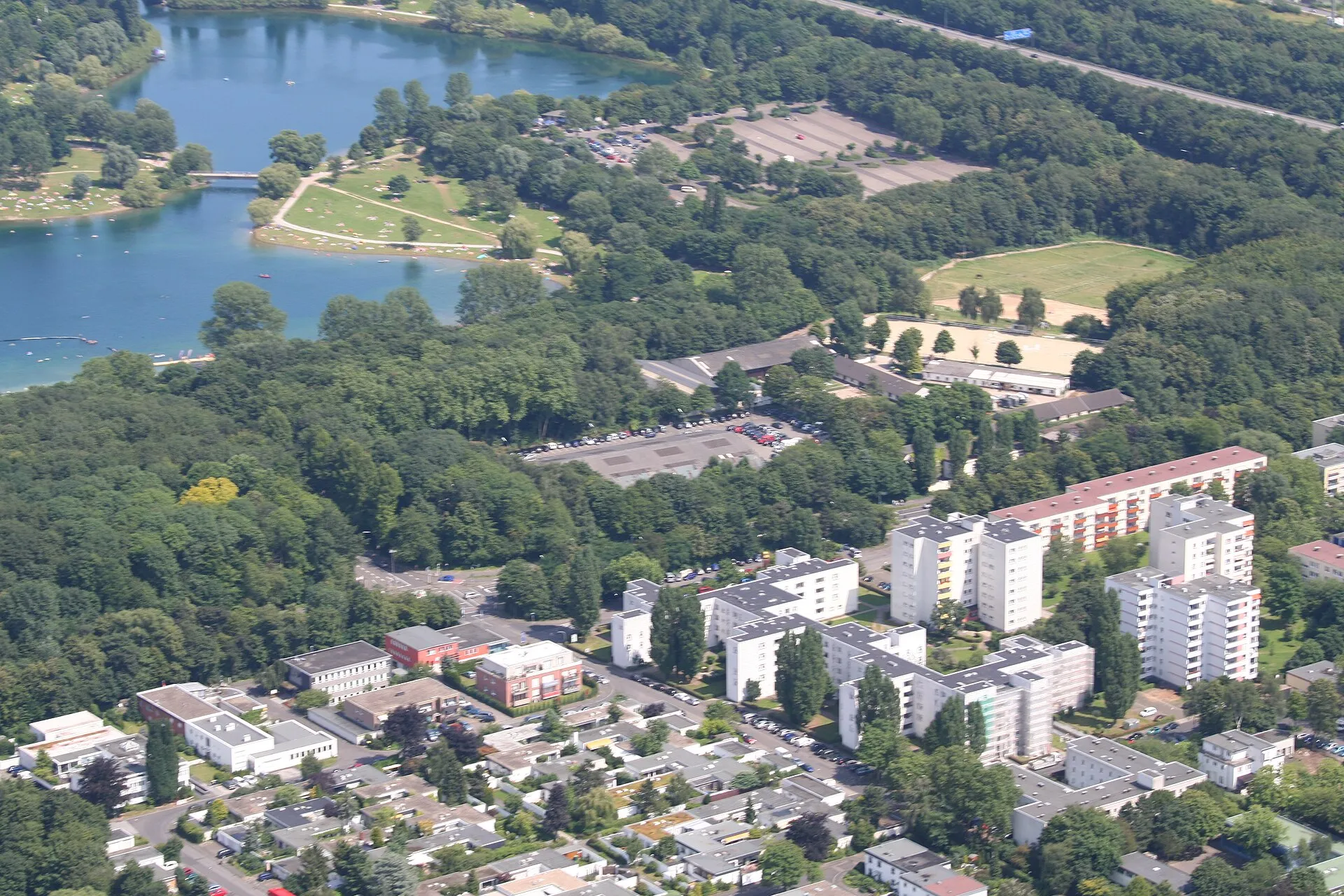 Cologne, suburb Seeberg, lake Fühlinger See. Aerial photography.