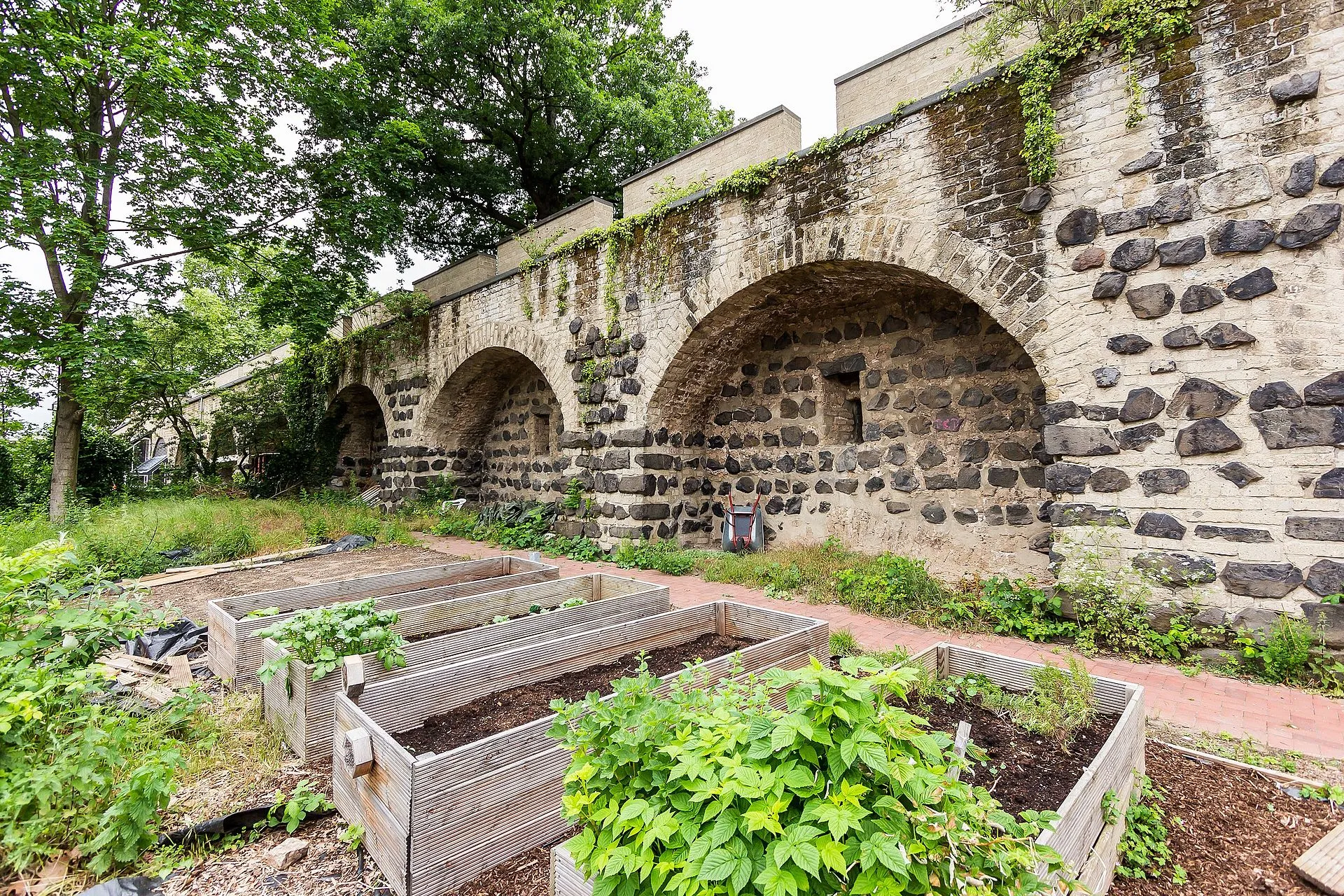 Gereonsmühle Köln mit Stadtmauer. Stadtseitig angelegter Garten, Stadtmauer mit rundbogigen Blendarkaden