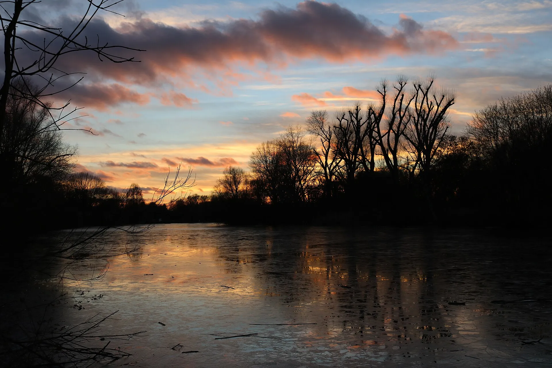 Sonnenuntergang an der Zündofer Groov in Köln; der Bereich liegt im Landschaftsschutzgebiet „Rhein, Rheinauen und Uferbereiche von Rodenkirchen bis Langel recht