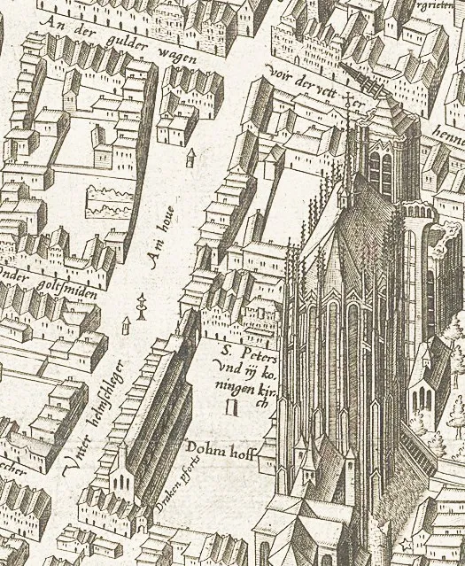 Kupferstich: Mercator-Stadtplan Köln (1571), südliches Domvorfeld