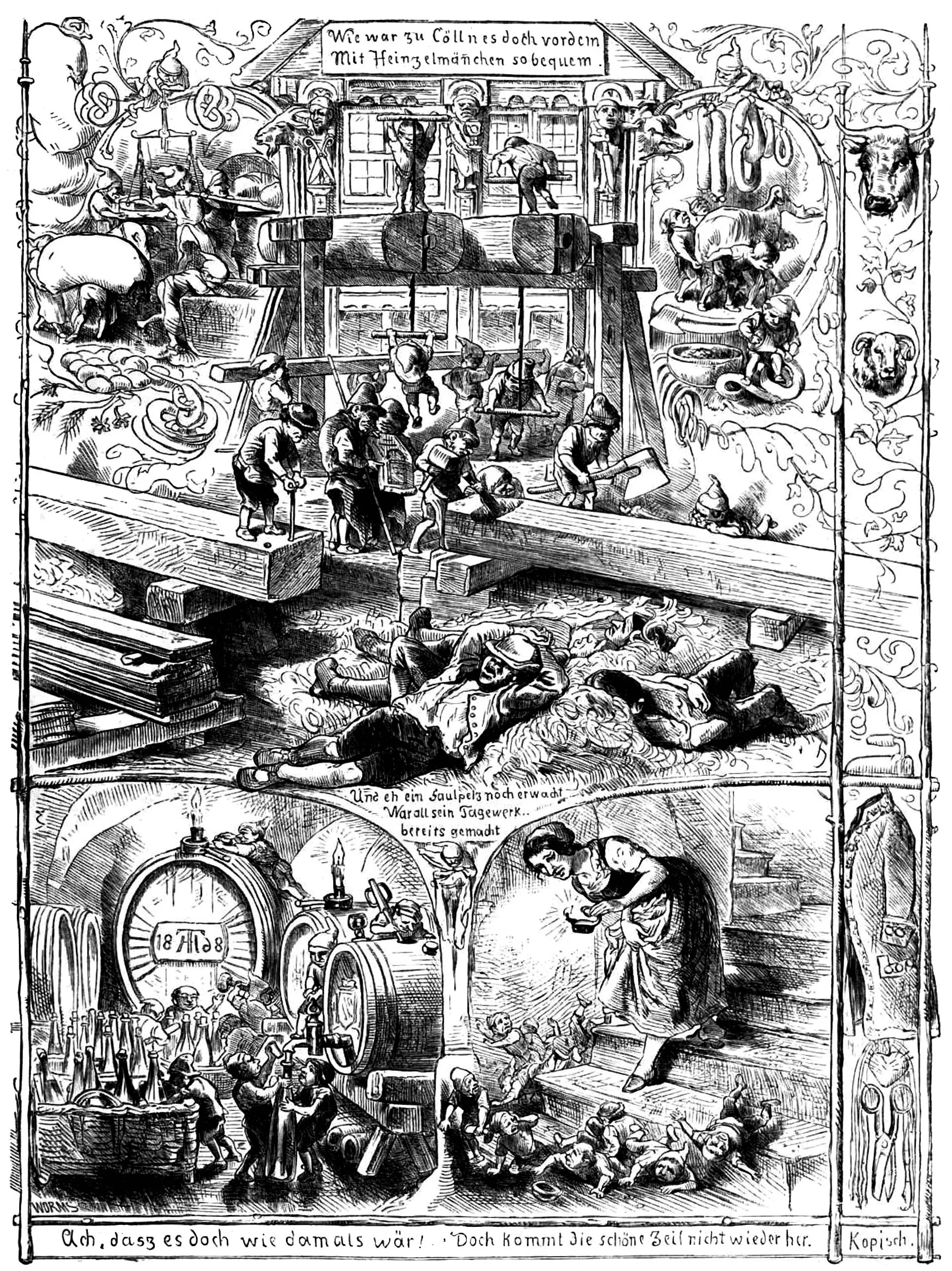 Subtitle: Deutsche Gedichte mit Illustrationen. Die Heinzelmännchen. Von A. Kopisch; illustrirt von Th. Hosemann. (S. 23.)