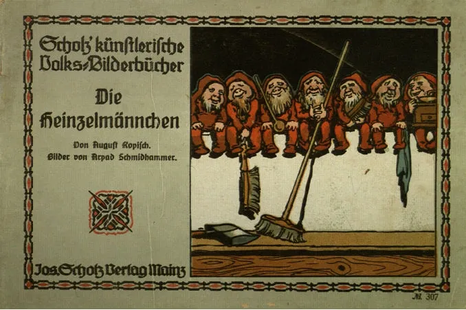 Vorderdeckel des Bilderbuches: Die Heinzelmännchen / von August Kopisch. Bilder von Arpad Schmidhammer. Mainz : Scholz, [ca. 1930]. Wissenschaftliche Stadtbibli