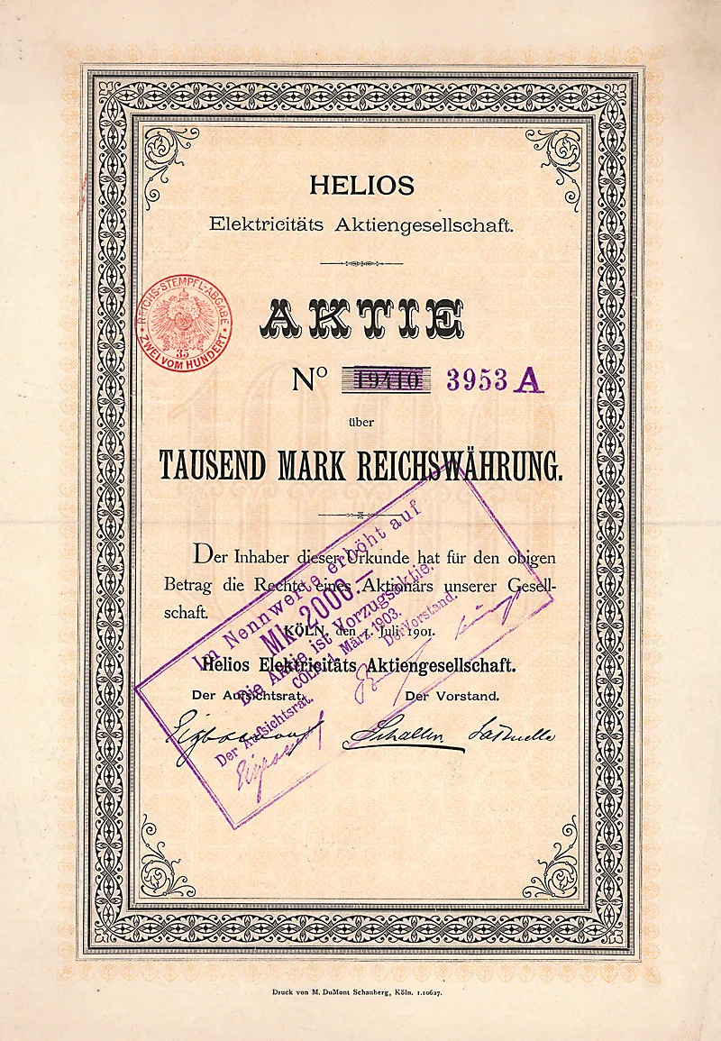 Aktie über 1000 Mark der Helios Elektricitäts-AG vom 1. Juli 1901