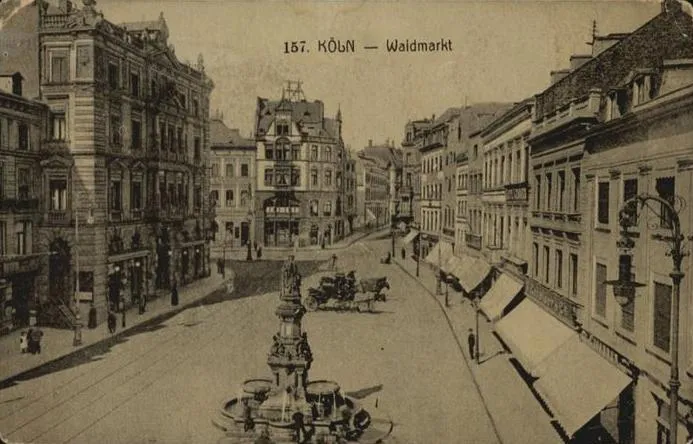 Cologne, view over the Waidmarkt towards Hohe Pforte, Herman Joseph fountain in the foreground, postcard, ca. 1910