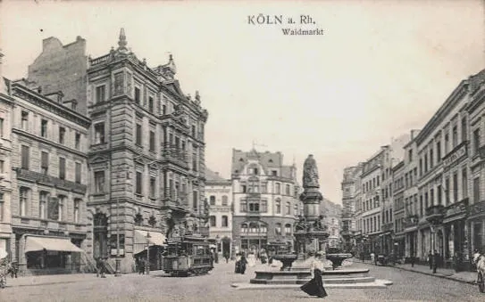 Cologne, view over the Waidmarkt towards Hohe Pforte, with Herman Joseph fountain in the foreground, a tram on the left, postcard, before 1910