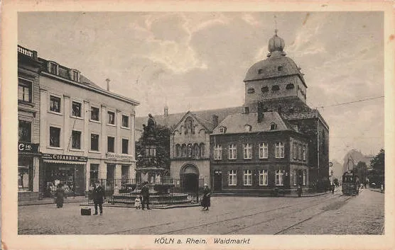Cologne, Waidmarkt, Herman Joseph fountain in the foregrond, St. Georg church in the background, a tram on the right side, postcard, ca. 1920