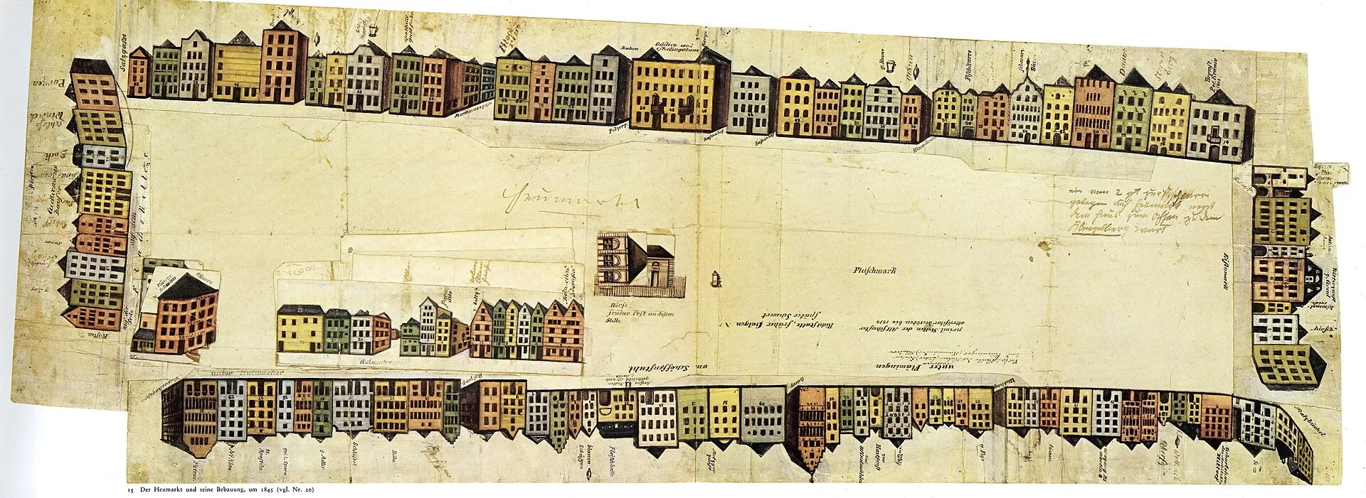Kolorierte Tusch- und Bleistiftzeichnung, Maßstab 1:500, 90 x 33 cm