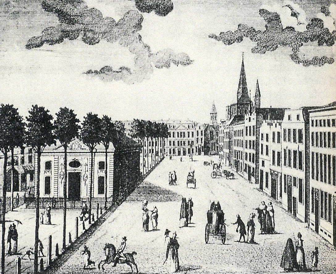 Heumarkt in Köln. Kupferstich um 1790, links die alte Börse, Hintergrund rechts die Türme von Groß-St. Martin
