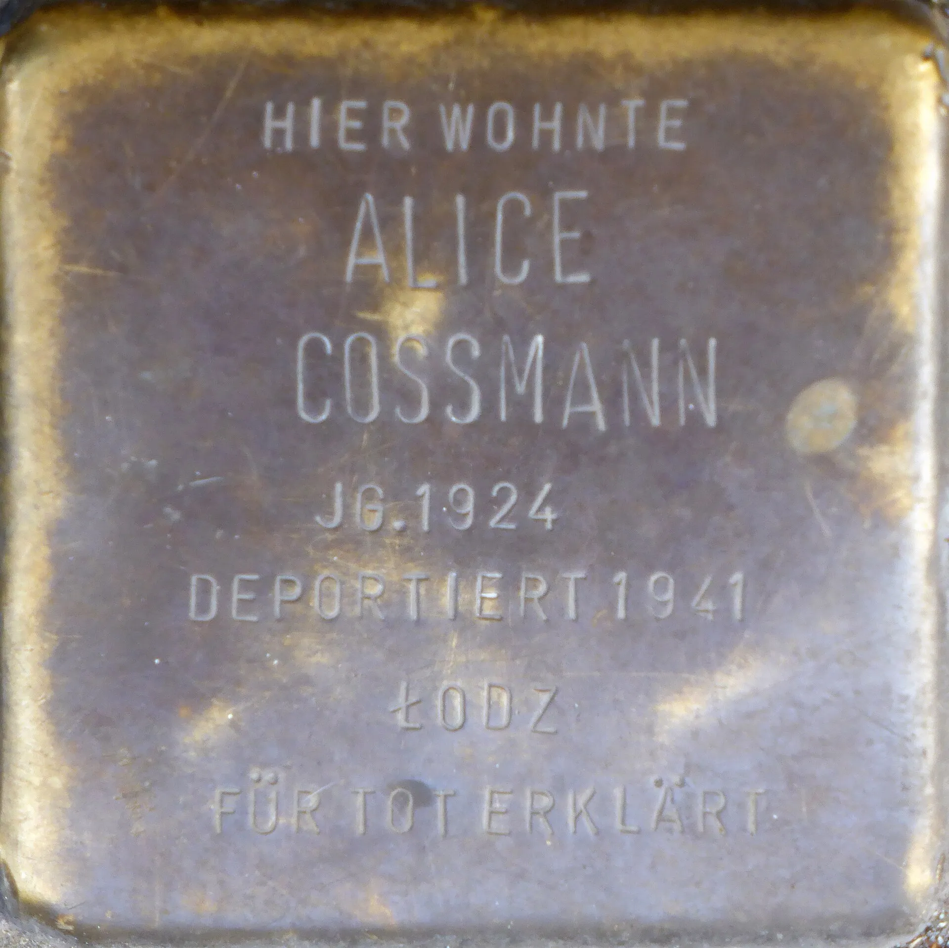 Stolperstein : Alice Cossmann (Hohe Pforte 22)., Köln.