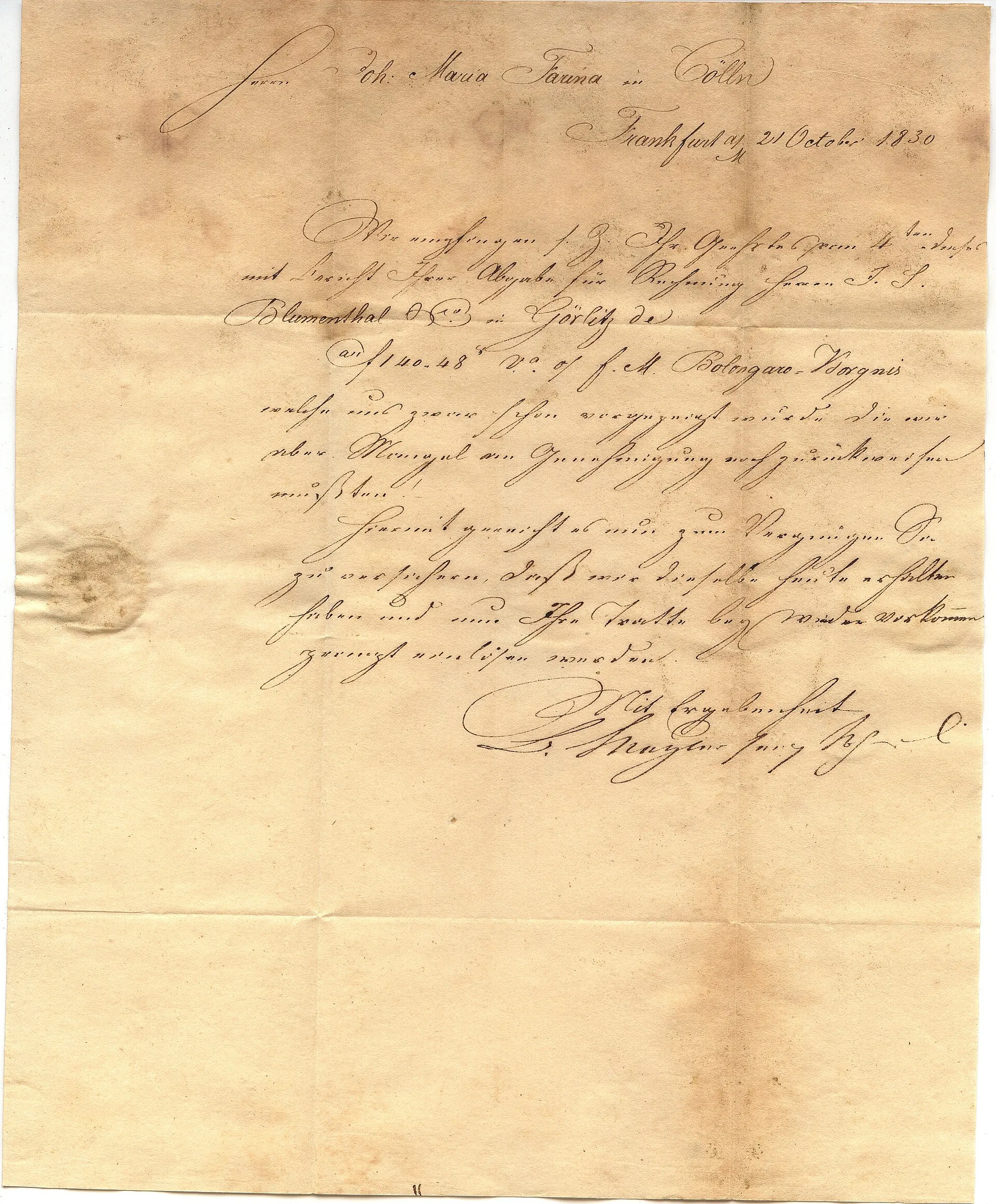 Letter Metzler to Farina in Cologne 1830