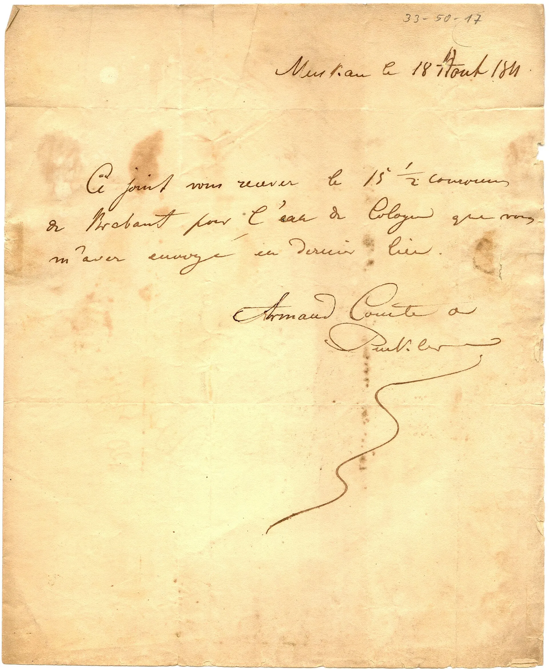 Letter from Count Pückler to Farina in Cologne