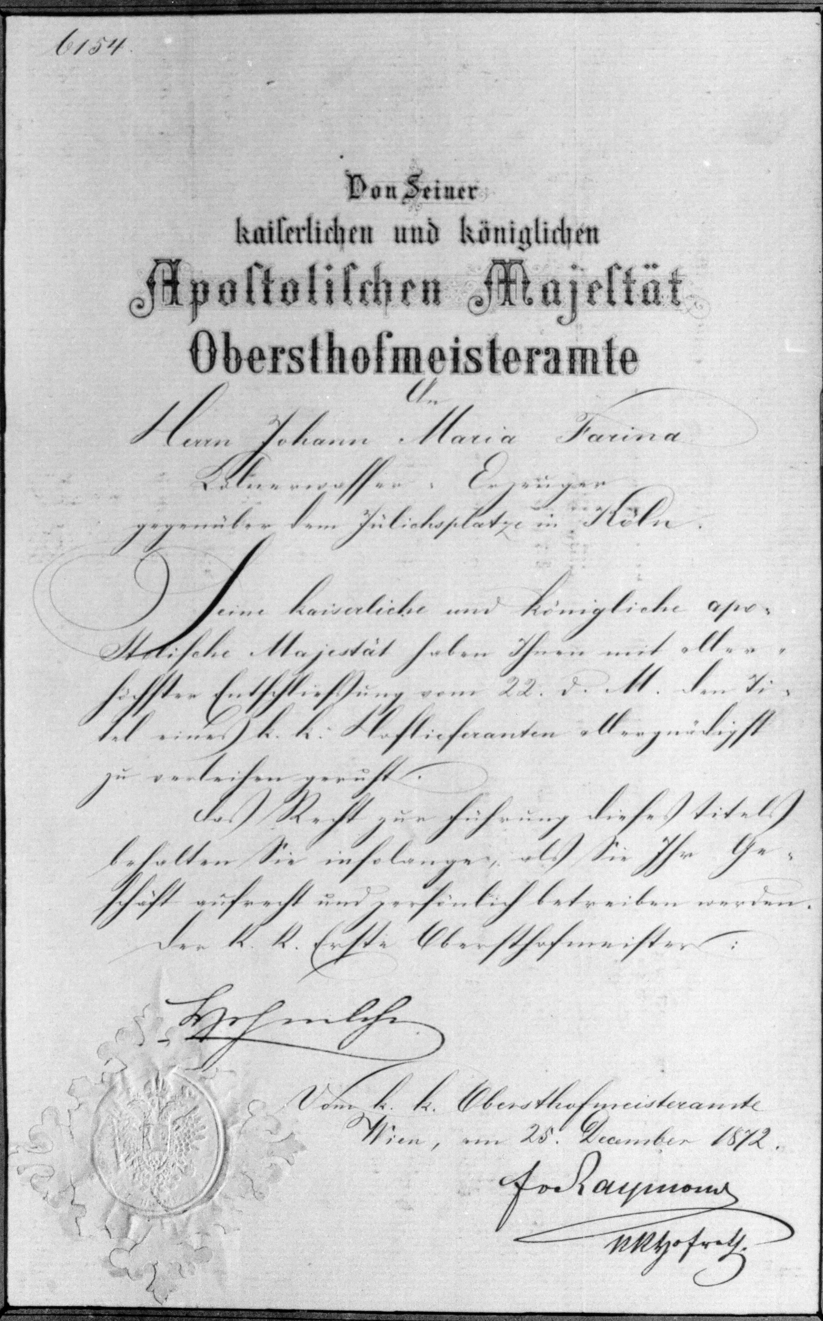 k.u.k Hoflieferanten-Diplom für Johann Maria Farina gegenüber dem Jülichs-Platz