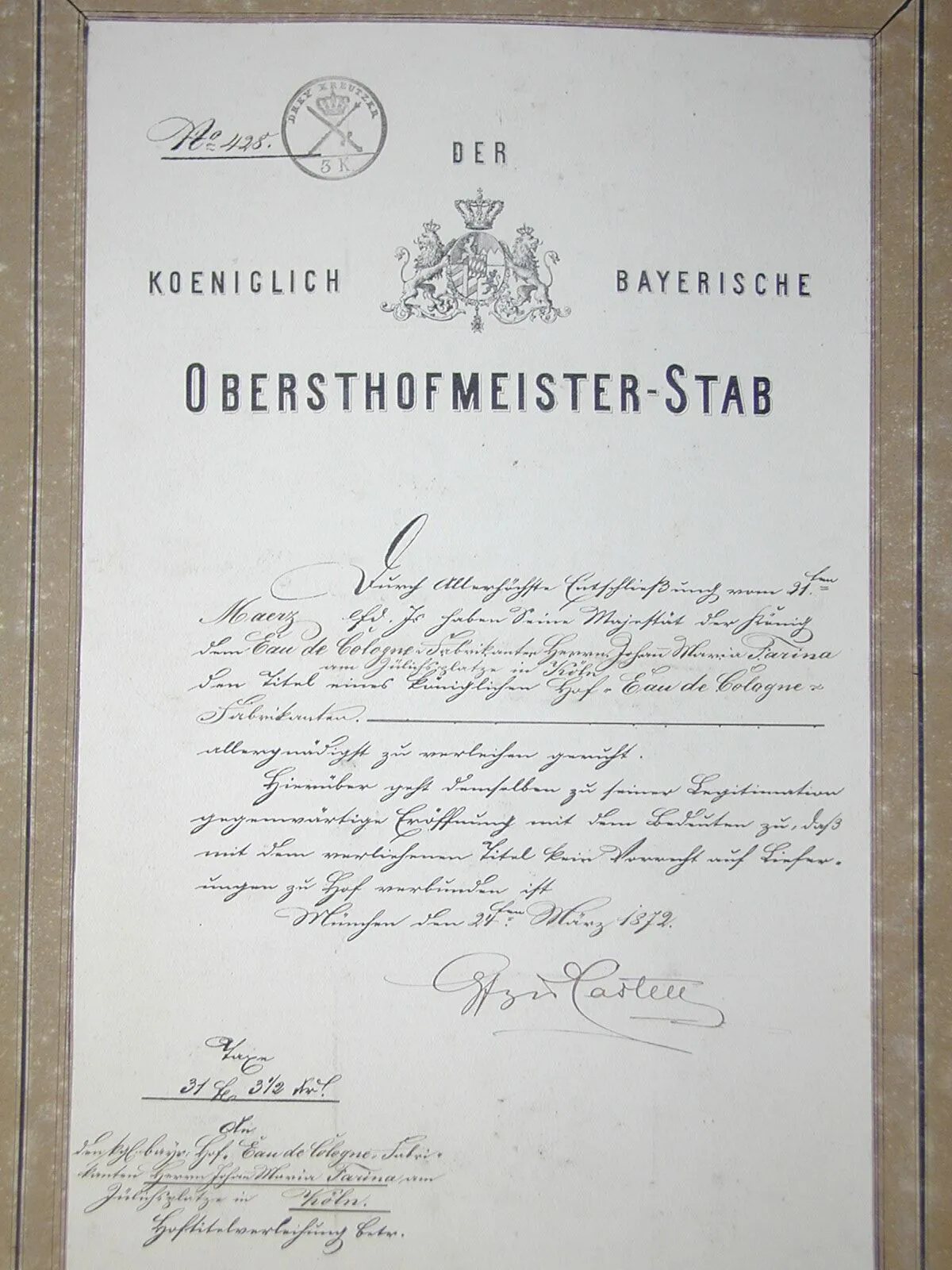 Hoflieferanten Diplom von König Ludwig II für Farina in Köln (1872)