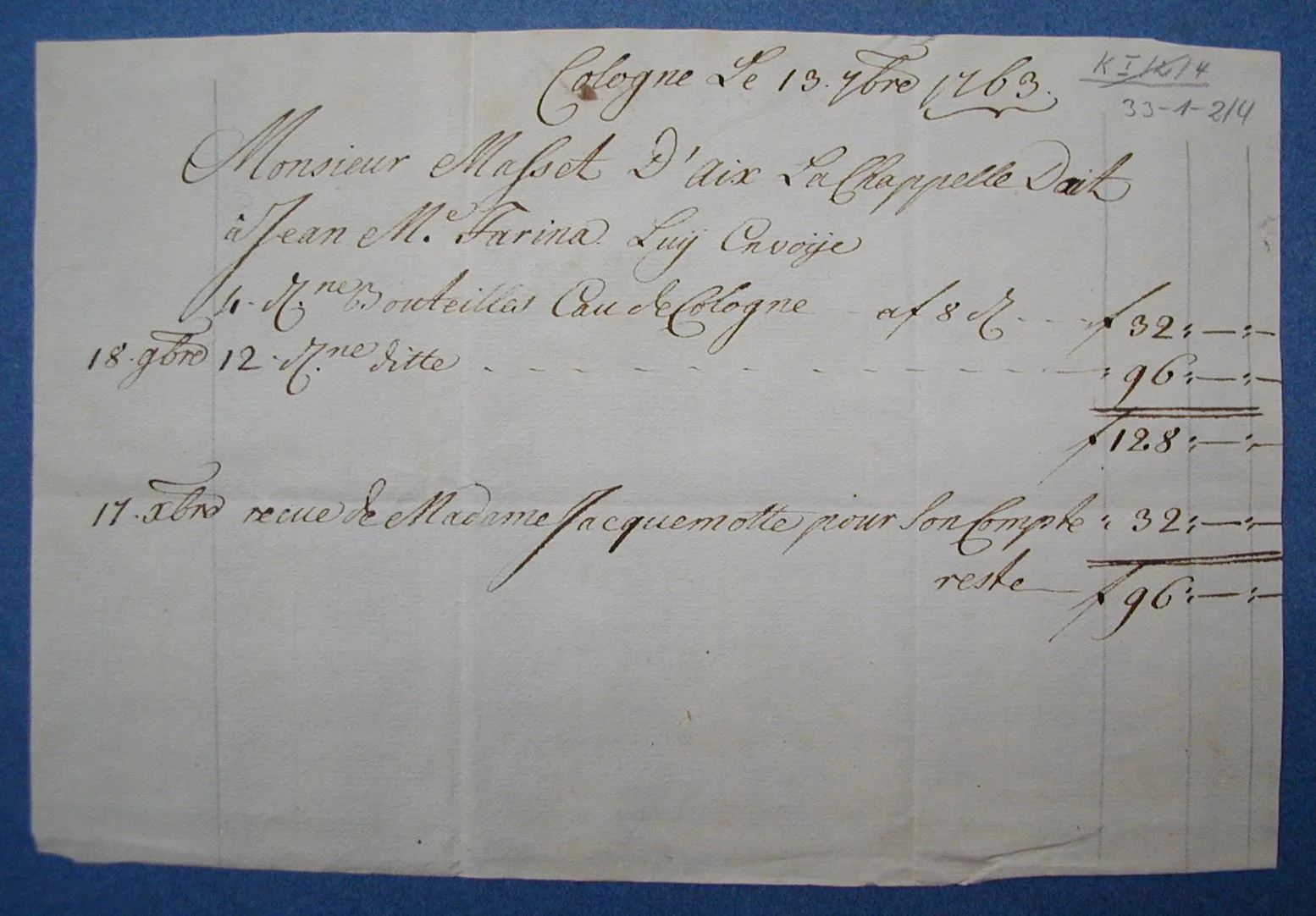 Verkaufsrechnung des Hauses Johann Maria Farina gegenüber dem Jülichs-Platz , Köln aus dem Jahr 1763