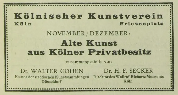 Anzeige des Kölnischen Kunstvereins vom Dezember 1922, erschienen in der Weihnachtsausgabe der Zeitschrift "Der Querschnitt".