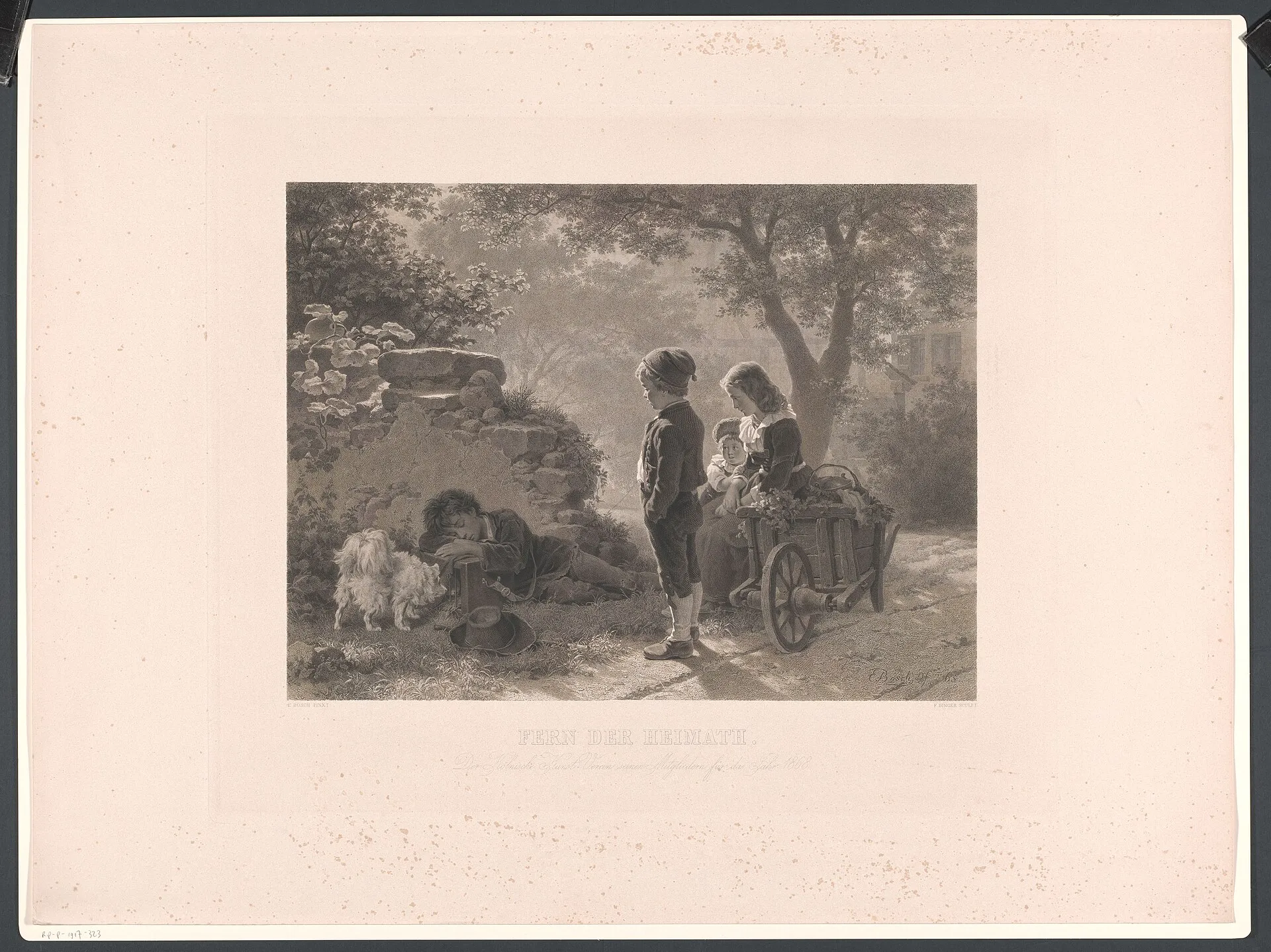 Identificatie Titel(s): Kinderen kijken naar een slapende jongen Fern der Heimath Objecttype: prent Objectnummer: RP-P-1917-323 Catalogusreferentie: Apell 6 Ops