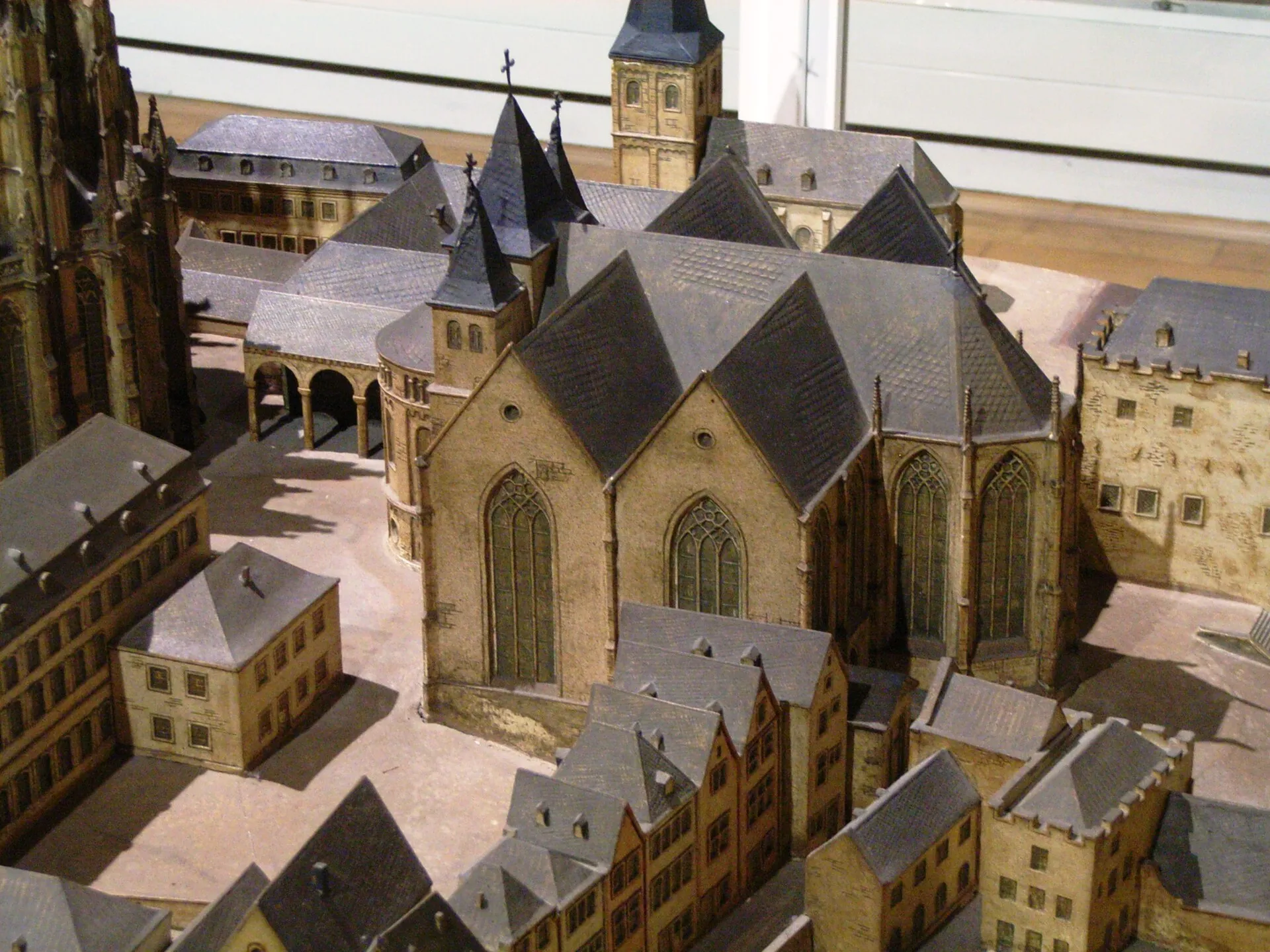 Former church St. Maria ad Gradus, Cologne, Germany. With the St. Lupus church behind. Built in 11th century, destroyed 1817. Model of the church, located in Co