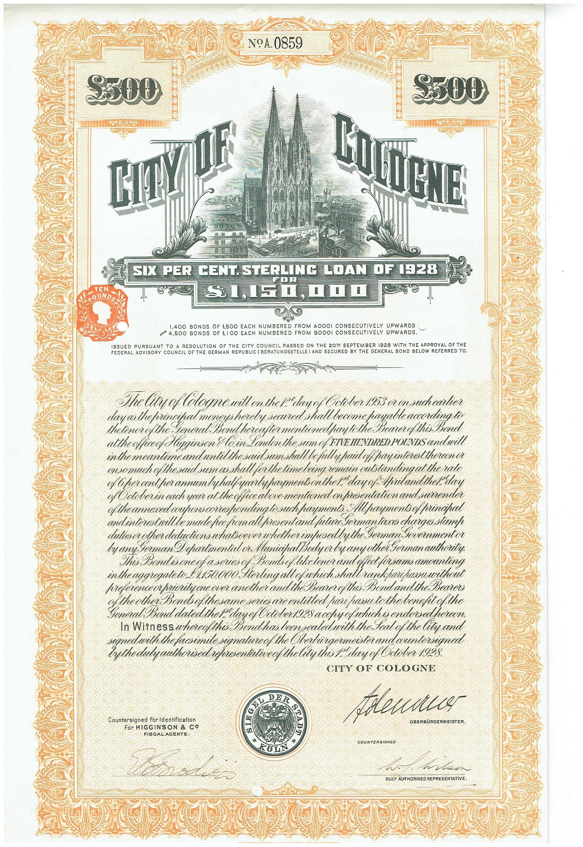 Anleihe über 500 £ der Stadt Köln vom 1. Oktober 1928; mit Faksimile-Unterschrift von Adenauer