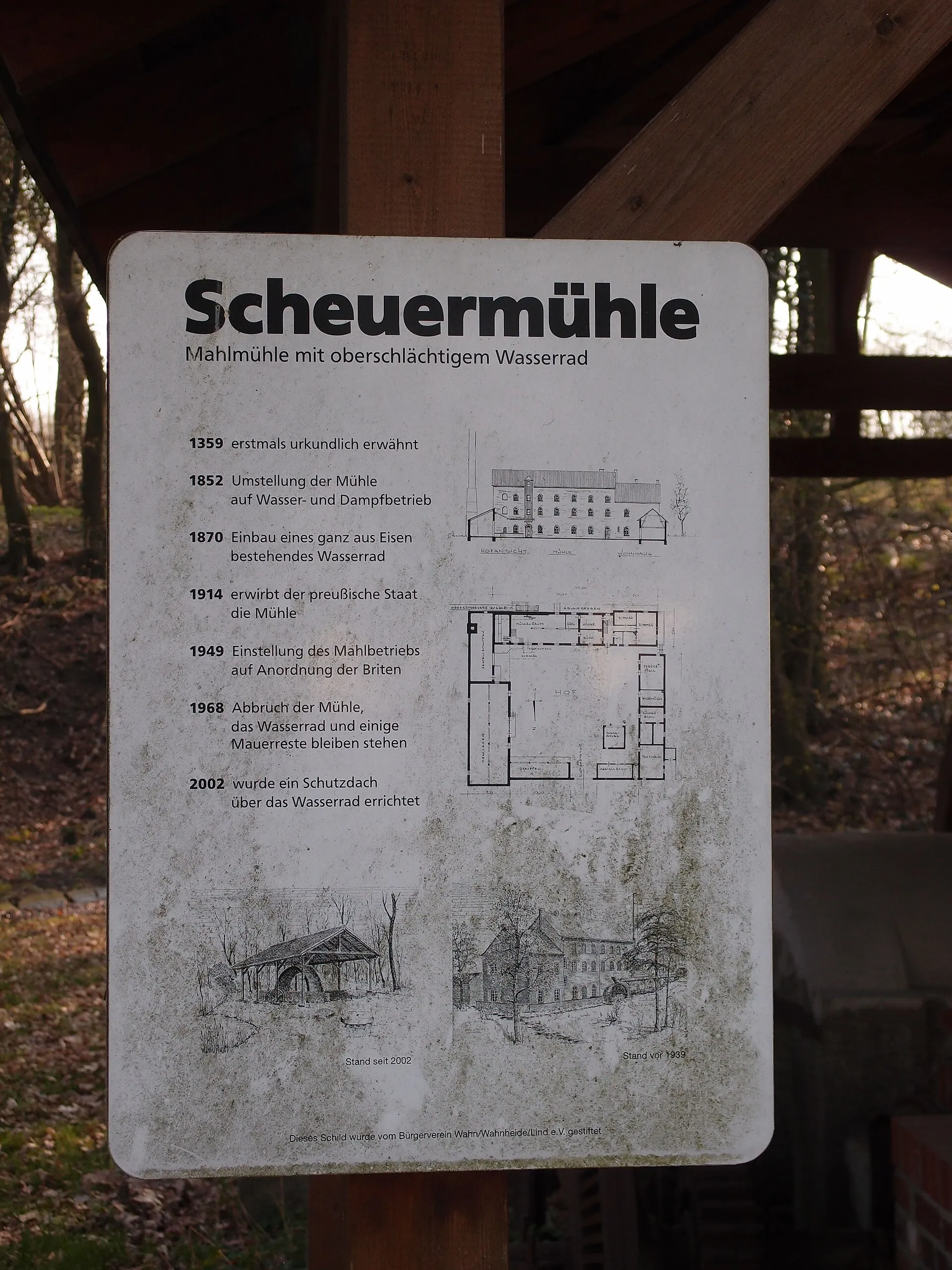 Hinweistafel an den Resten der hist. Scheuermühle in der Lw-Kaserne Köln-Wahn Datum: 24.03.2012 Urheber: M. Pfeiffer alias Benutzer:Gordito1869 privates Fotoarc