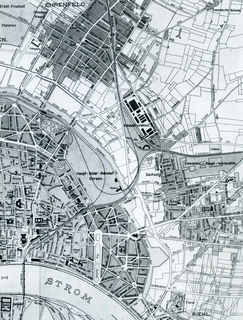 Carl Steuernagel – Kartenausschnitt „Stadt Cöln“ mit dem Gelände des Güterbahnhofs Gereon (1902)