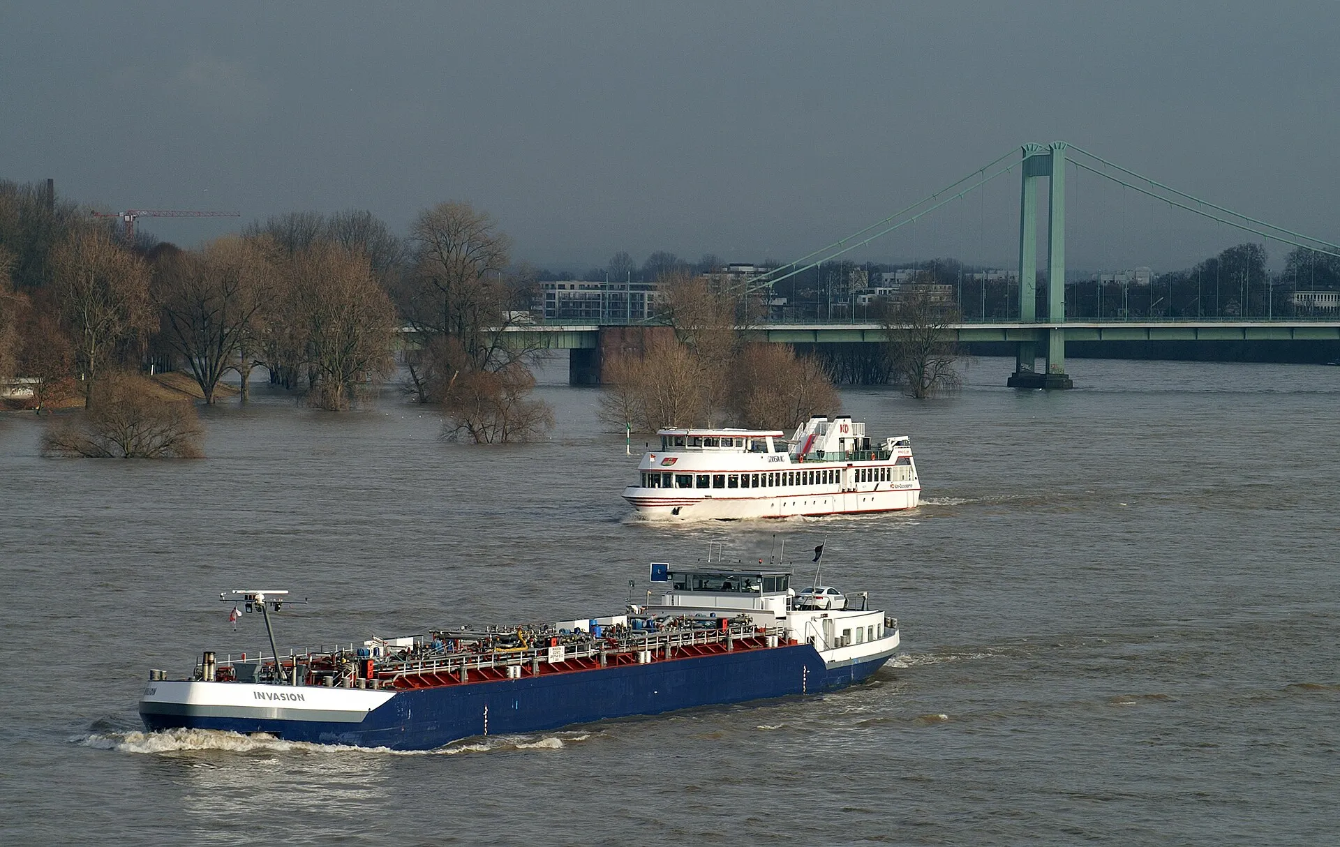 Das Tankschiff Invasion und das Fahrgastschiff Godesburg vor den vom Hochwasser überfluteten Riehler Auen in Köln.