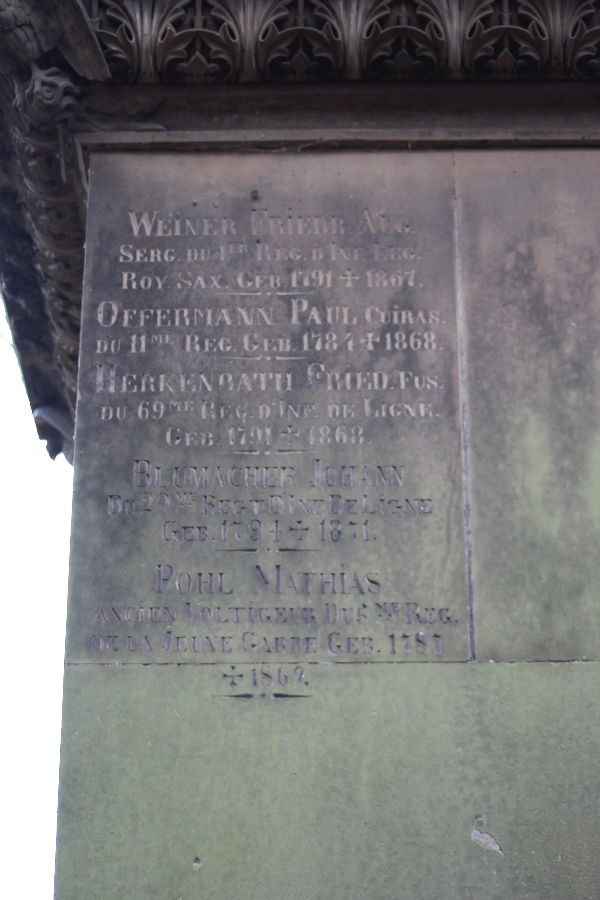 Auf dem Denkmal finden sich die Namen von 65 Veteranen der napoleonischen Kriege.