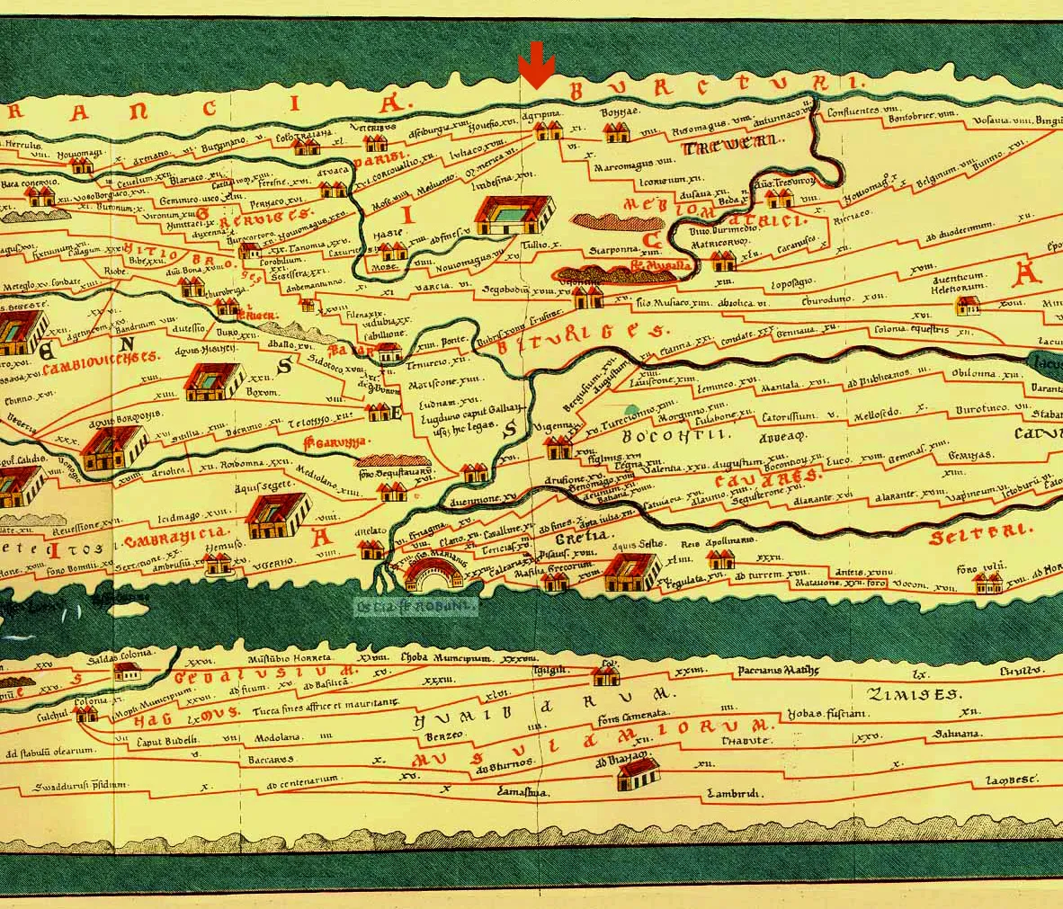 Ausschnitt aus der Tabula Peutingeriana mit der CCAA als Agrippina, Pfeil oben Mitte